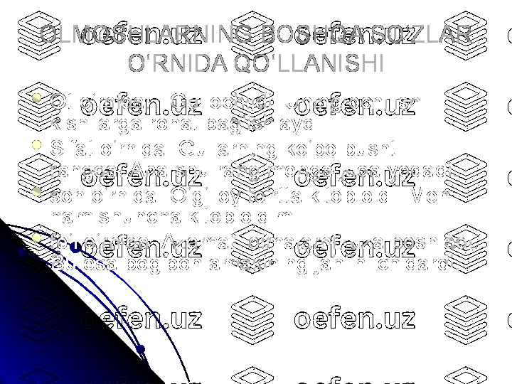 OLMOSHLARNING BOSHQA SO‘ZLAR 
O‘RNIDA QO‘LLANISHI

Ot o‘rnida:   Gul ochildi. Uning ochilishi 
kishilarga rohat bag‘ishlaydi.

Sifat o‘rnida: Gullarning ko‘po pushti 
rangda. Ana shu rang menga juda yoqadi.

son o‘rnida: O‘g‘iloy to‘rtta kitob oldi. Men 
ham shuncha kitob oldim.

fe‘l o‘rnida: Azamat  olmalarni  uza boshladi. 
Bu esa bog‘bon amakining jahlini chiqardi. 