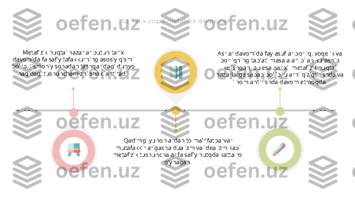 10.  Tarix  orqali met afi zik  is tiqbollar
Metafizik nuqtai nazarlar butun tarix 
davomida falsafiy tafakkurning asosiy qismi 
bo'lib, jismoniy sohadan tashqaridagi dunyo 
haqidagi tushunchamizni shakllantiradi.
Qadimgi yunonlardan to ma’rifatparvar 
mutafakkirlarigacha dualizm va idealizm kabi 
metafizik tushunchalar falsafiy nutqda katta rol 
o‘ynagan. Asrlar davomida faylasuflar borliq, voqelik va 
borliqning tabiati masalalari bilan kurashib 
kelishgan, bu esa har xil metafizik nuqtai 
nazarlarga sabab bo'lib, ularni qiziqtirishda va 
ilhomlantirishda davom etmoqda.  