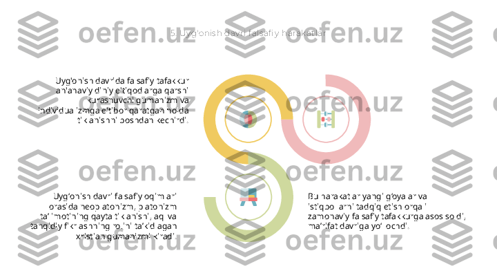 5 .  Uy g'o nis h dav ri f als afi y  harak at lar
Uyg'onish davrida falsafiy tafakkur 
an'anaviy diniy e'tiqodlarga qarshi 
kurashuvchi gumanizm va 
individualizmga e'tibor qaratgan holda 
tiklanishni boshdan kechirdi.
Uygʻonish davri falsafiy oqimlari 
orasida neoplatonizm, platonizm 
taʼlimotining qayta tiklanishi, aql va 
tanqidiy fikrlashning rolini taʼkidlagan 
xristian gumanizmi kiradi. Bu harakatlar yangi g‘oyalar va 
istiqbollarni tadqiq etish orqali 
zamonaviy falsafiy tafakkurga asos soldi, 
ma’rifat davriga yo‘l ochdi.   