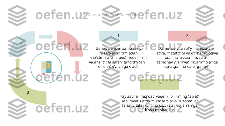 8.  Zamonav iy  f als afi y  bahs lar
1  2 
3 2
Zamonaviy falsafiy munozaralar 
etika, metafizika va epistemologiya 
kabi murakkab mavzularni 
zamonaviy jamiyat muammolariga 
qaratgan holda o'rganadi.1
Ushbu bahslar zamonaviy 
falsafalarni, jumladan 
ekzistensializm, postmodernizm 
va analitik falsafani tanqidiy tahlil 
qilishni o'z ichiga oladi.
3
Faylasuflar haqiqat, voqelik, bilimning tabiati 
kabi mavzularda munozaralar olib boradilar, 
falsafiy tafakkurning uzluksiz rivojlanishiga 
hissa qo‘shadilar.  