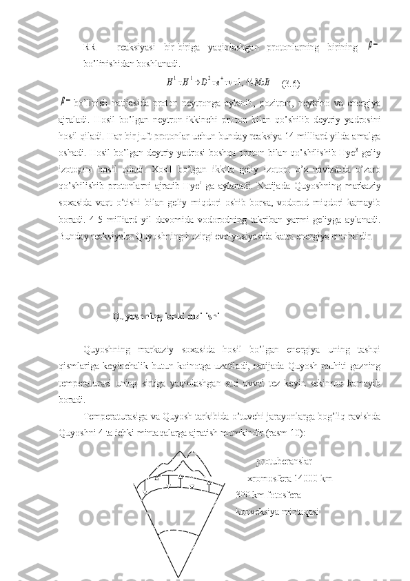 RR   –   reaksiyasi   bir-biriga   yaqinlashgan   protonlarning   birining  β−
bo’linishidan boshlanadi.	
H	1+H	1→	D2+e++ν+1,44	МэВ
    (3.6)	
β−
bo’linish   natijasida   proton   neytronga   aylanib,   pozitron,   neytrino   va   energiya
ajraladi.   Hosil   bo’lgan   neytron   ikkinchi   proton   bilan   qo’shilib   deytriy   yadrosini
hosil qiladi. Har bir juft protonlar uchun bunday reaksiya 14 milliard yilda amalga
oshadi. Hosil  bo’lgan deytriy yadrosi  boshqa proton bilan qo’shilishib Hye 3
-geliy
izotopini   hosil   qiladi.   Xosil   bo’lgan   ikkita   geliy   izotopi   o’z   navbatida   o’zaro
qo’shilishib   protonlarni   ajratib   Hye 4  
ga   aylanadi.   Natijada   Quyoshning   markaziy
soxasida   vaqt   o’tishi   bilan   geliy   miqdori   oshib   borsa,   vodorod   miqdori   kamayib
boradi.   4-5   milliard   yil   davomida   vodorodning   takriban   yarmi   geliyga   aylanadi.
Bunday reaksiyalar Quyoshning hozirgi evolyusiyasida katta energiya manbaidir.
   Quyoshning ichki tuzilishi
Quyoshning   markaziy   soxasida   hosil   bo’lgan   energiya   uning   tashqi
qismlariga   keyinchalik   butun   koinotga   uzatiladi,   natijada   Quyosh   muhiti   gazning
temperaturasi   uning   sirtiga   yaqinlashgan   sari   avval   tez   keyin   sekinroq   kamayib
boradi. 
Temperaturasiga va Quyosh tarkibida o’tuvchi jarayonlarga bog’liq ravishda
Quyoshni 4 ta ichki mintaqalarga ajratish mumkindir (rasm 10):
                                                                                     
                                                                                  protuberanslar
                                                                    xromosfera 14000 km
                                                               300 km fotosfera
                                                               konveksiya mintaqasi
                                                          
Расм 10. Куёшнинг ички тузилиши 
