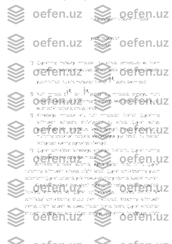                                                        nur energiyasini o’tkazish mintaqasi
                      
                                                        yadro reaksiyalari 
                                                           mintaqasi
   
                    
1) Quyoshning   markaziy   mintaqasi.   Bu   sohada   temperatura   va   bosim
termoyadro   reaksiyalari   vujudga   kelishi   kerak   bo’lgan   qiymatlargacha
yuqori bo’ladi. Bu soha markazdan boshlab 1
3Ro  gacha davom etadi.
2) Nurli   mintaqa   (	
1
3Ro -dan  	
2
3Ro gacha).   Bu   mintaqada   energiya,   muhit
tomonidan kelayotgan elektromagnit energiya kvantlarini ketma-ket yutish
va chiqarish natijasida amalga oshadi.
3) Konveksiya   mintaqasi   shu   nurli   mintaqadan   boshlab   Quyoshning
ko’rinuvchi   sathigacha   cho’zilgandir.   Bu   sohada   Quyosh   sathiga
yaqinlashgan   sari   temperatura   keskin   kamayib   boradi,   shuning   uchun
muhitning   aralashuvi   natijasida   «konveksiya»   yuz   beradi.   Bu   pastidan
isitilayotgan suvning qaynashiga o’xshaydi.
4) Quyosh   atmosferasi   konveksiya   sohasidan   boshlanib,   Quyosh   nurining
ko’rinuvchi sohasigacha davom etadi.
Atmosferaning   pastki   katlamida   siyrak   gazdan   iborat   bo’lib,   Quyosh
nurlarining   ko’rinuvchi   sohasiga   to’g’ri   keladi.   Quyosh   atmosferasining   yuqori
qatlamlarini Quyosh tutilganda yoki maxsus asboblar yordamida kuzatish mumkin.
Kuyosh   atmosferasi   ham   shartli   ravishda   bir   nechta   sohalarga   ajratiladi:
fotosfera,   xromosfera   va   Quyosh   toji   sohalariga.   Fotosfera   200-300   km
qalinlikdagi   atmosferaning   chuqur   qismi   hisoblanadi.   Spektrning   ko’rinuvchi
qismiga   to’g’ri   keluvchi   va   quvvat   jihatdan   boshqa   barcha   Quyosh   sohalaridan
chiquvchi   energiyadan   katta   bo’lgan   energiya   Quyoshning   fotosferasiga   to’g’ri Расм 10. Куёшнинг ички тузилиши 