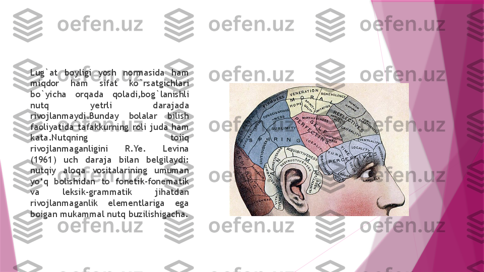 Lug`at  boyligi  yosh  normasida  ham 
miqdor  ham  sifat  ko`rsatgichlari 
bo`yicha  orqada  qoladi,bog`lanishli 
nutq  yetrli  darajada 
rivojlanmaydi.Bunday  bolalar  bilish 
faoliyatida  tafakkurning  roli  juda  ham 
kata.Nutqning  toiiq 
rivojlanmaganligini  R.Ye.  Levina 
(1961)  uch  daraja  bilan  belgilaydi: 
nutqiy  aloqa  vositalarining  umuman 
yo‘q  bolishidan  to  fonetik-fonematik 
va  leksik-grammatik  jihatdan 
rivojlanmaganlik  elementlariga  ega 
boigan mukammal nutq buzilishigacha.                   