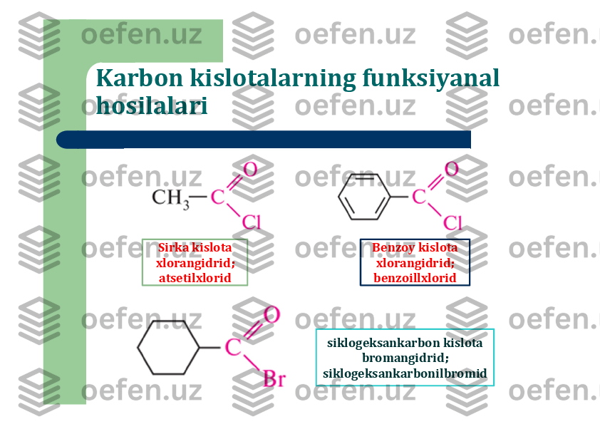 Karbon kislotalarning funksiyanal 
hosilalari	
Sirka	kislota	
xlorangidrid	;	
atsetilxlorid	
Benzoy	kislota	
xlorangidrid	;	
benzoillxlorid	
siklogeksankarbon	kislota	
bromangidrid	;	
siklogeksankarbonilbromid 