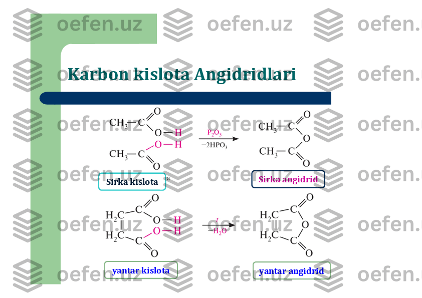 Karbon kislota Angidridlari	
Sirka	kislota	Sirka	angidrid	
yantar	kislota	yantar	angidrid 