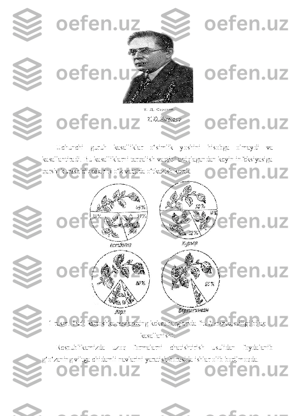 T.D.Straxov
Uchunchi   guruh   kasalliklar   o‘simlik   yoshini   hisobga   olmaydi   va
kasallantiradi. Bu kasalliklarni tarqalish vaqtini aniqlagandan keyin infeksiyasiga
qarshi kurash choralarini o‘z vaqtida o‘tkazish kerak.
1-rasm. Turli kartoshka navlarining keksa barglarida fitoftoroz kasalligi bilan
kasallanishi.
Respublikamizda   uzoq   formalarni   chatishtirish   usulidan   foydalanib
g‘o‘zaning viltga chidamli navlarini yaratish borasida ishlar olib borilmoqda. 