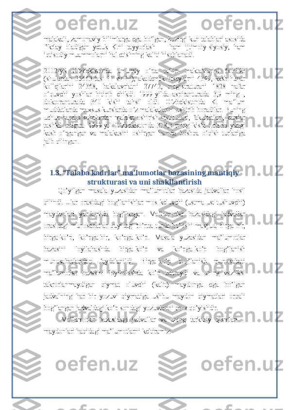 malakali, zamonaviy bilimlarga ega bo lgan, hozirgi kun talablari asosidaʻ
fikrlay   oladigan   yetuk   K.ni   tayyorlash   —   ham   ijtimoiy-siyosiy,   ham
iqtisodiy muammolarni hal etishning kaliti hisoblanadi.
2002-yil   O zbekistonda   umumiy   o rta   ta lim   maktablarini   603193	
ʻ ʻ ʼ
(shulardan   35663   tasi   11-sinfni),   akademik   litseylarni   4349,   kasb-hunar
kollejlarini   24368,   bakalavriatni   27742,   magistraturani   1828   nafar
o quvchi   yoshlar   bitirib   chikdi.   1999-yilda   aspiranturada   3,9   ming   ,	
ʻ
doktoranturada   340   kishi   tahsil   oldi.   O zbekistonda   K.   ma lum	
ʻ ʼ
muddatlarda maxsus kurslarda o z malakalarini oshirib boradilar. Buning	
ʻ
uchun barcha sohalardan malaka oshirish institutlari, fakultetlari, kurslar
tashkil   etilgan.   1999-yil   O zbekistonda   308,3   ming   kishi   i.ch.da   yangi	
ʻ
kasb   o rgangan   va   malakasini   oshirgan   hamda   boshqa   o qish   turlariga	
ʻ ʻ
jalb qilingan.
1.3. “Talaba kadrlar” ma’lumotlar bazasining mantiqiy
strukturasi va uni shakllantirish
Qo’yilgan   masala   yuzasidan   ma’lumotlar   bazasida   jadvallar   hosil
qilindi.   Ular   orasidagi   bog’lanishlar   mos   keluvchi   (ustma-ust   tushuvchi)
maydonlari   yordamida   bog’langan.   Ma’lumotlar   bazasidagi   jadvallar
orasidagi   munosabatlar   quyidagi   to’rtta  turda   bo’lishi   mavjud:   birga-bir,
birga-ko’p,   ko’pga-bir,   ko’pga-ko’p.   Masala   yuzasidan   ma’lumotlar
bazasini   loyilahashda   birga-ko’p   va   ko’pga-ko’p   bog’lanish
munosabatlaridan   foydalanildi.   Birga-ko’p   bog’lanish   munosabati
ma’lumotlar   bazasini   loyihalashda   ko’p   uchraydi   va   uning   vazifasi
takrorlanmaydigan   qiymat   oluvchi   (kalit)   maydonga   ega   bo’lgan
jadvalning   har   bir   yozuvi   qiymatiga   ushbu   maydon   qiymatlari   orqali
bog’langan jadvaldagi ko’p sondagi yozuvlarini mos qo’yishdir.
Ma’lumotlar   bazasidagi   jadvallar   va   uning   tarkibiy   qismlari   –
maydonlari haqidagi ma’lumotlarni keltiramiz: 