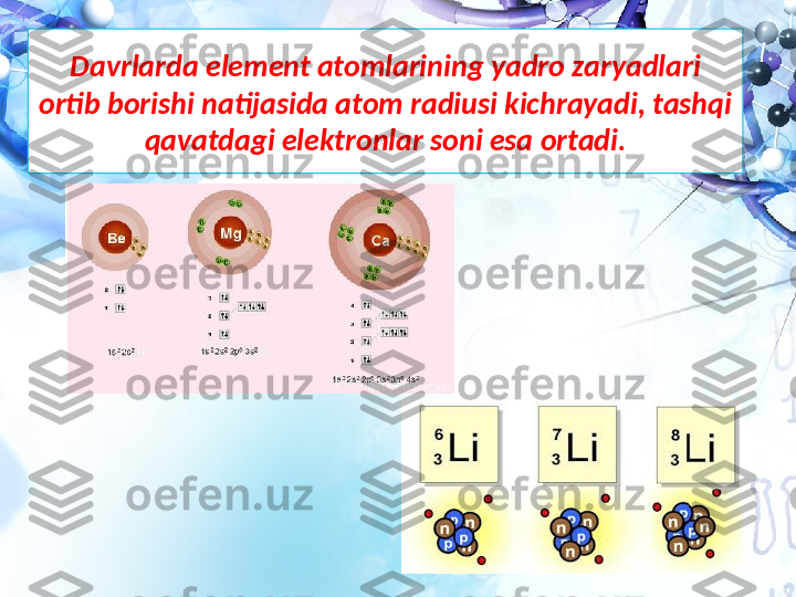 Davrlarda element atomlarining yadro zaryadlari 
ortib borishi natijasida atom radiusi kichrayadi, tashqi 
qavatdagi elektronlar soni esa ortadi. 