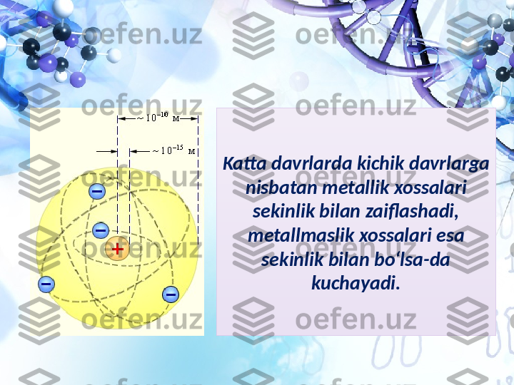 Katta davrlarda kichik davrlarga 
nisbatan metallik xossalari 
sekinlik bilan zaiflashadi, 
metallmaslik xossalari esa 
sekinlik bilan bo‘lsa-da 
kuchayadi. 