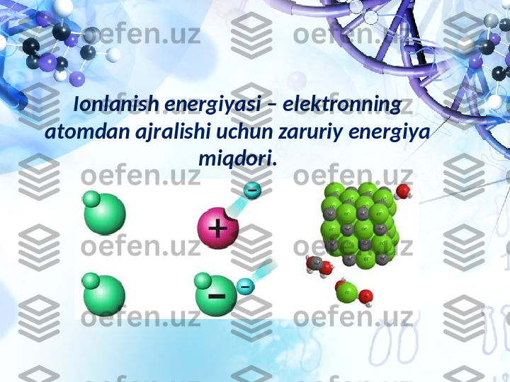 Ionlanish energiyasi – elektronning 
atomdan ajralishi uchun zaruriy energiya 
miqdori. 