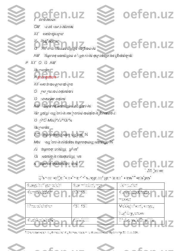 I  –  orashenie
GW  –  sizot suv ishtiroki
ET  –  evotrajenyer
R – Rutf  notyers
D – Yer osti chu ы urligiga sarflanishi
∆W – Tuproq namligini o‘zga-rishi quyidagicha ifodalaydi:
P=ET+O+D+∆W
Bu yerda:
P - precipition
ET- evo transpyeratsiya
O – yer yuzasi oqimlari
D – zovurlar oqimi
∆W – tupiroq namligini o‘zgarishi.
Bir galgi sug‘orish me’yorini aniqlash formulasi:
D=(FC-Mbi)*Ai*Di*n
Bu yerda:
FC – tuproqning nam sig‘imi, %
Mbi – sug‘orish oldidan tuproqning namligi, %
Ai – tuproq zichligi,  g/sm 3
Di – namlash chuqurligi, sm
n – tuproq qatlamlari soni. 8
1.66-jadval
Qishloq xo‘jalik ekinlarini suvga bo‘lgan talabi klassifikatsiyasi
Suvga bo‘lgan talabi Suv miqdori, mm Ekin turlari
Kam talabchan 300-450 Kungaboqar, tariq, 
masxar
O‘rta talabchan 450-650 Makkajo‘xori, sorga, 
bug‘doy, araxs
Kuchli talabchan 600-1000 G‘o‘za va ko‘p yillik 
8
 Chandrasekaran B., Annadurai K., Somasundaram E.  A textbook of  Agronomy 2010. р. 358. 