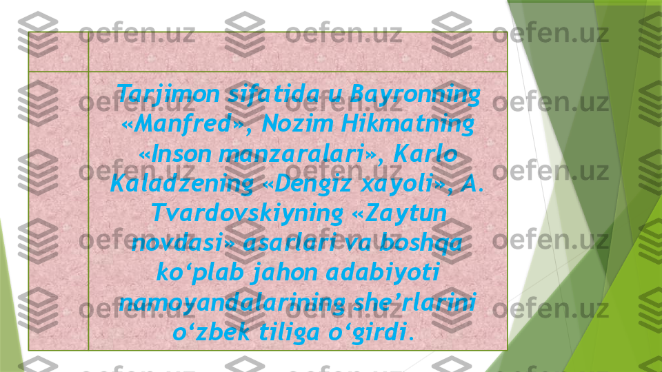 Tarjimon sifatida u Bayronning 
«Manfred», Nozim Hikmatning 
«Inson manzaralari», Karlo 
Kaladzening «Dengiz xayoli», A. 
Tvardovskiyning «Zaytun 
novdasi» asarlari va boshqa 
ko‘plab jahon adabiyoti 
namoyandalarining she’rlarini 
o‘zbek tiliga o‘girdi.                  