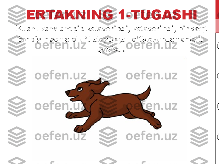 ERTAKNING 1-TUGASHI
Kuchukcha chopib ketaveribdi, ketaveribdi, bir vaqt 
bir sigir bemalol o‘tlab yurgan o‘tloqzordan chiqib 
qolibdi. 