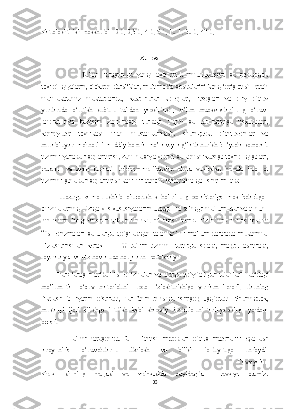 Kattalashtirish masshtabi   2:1; 2,5:1; 4:1; 5:1; 10:1; 20:1; 40:1;
                                                         
                                                          Xulosa
                  Ta’lim   jarayoniga   yangi   axborot-kommunikatsiya   va   pedagogik
texnologiyalarni, elektron darsliklar, multimedia vositalarini keng joriy etish orqali
mamlakatamiz   maktablarida,   kasb-hunar   kollejlari,   litseylari   va   oliy   o‘quv
yurtlarida   o‘qitish   sifatini   tubdan   yaxshilash,   ta’lim   muassasalarining   o‘quv-
laboratoriya   bazasini   zamonaviy   turdagi   o‘quv   va   laboratoriya   uskunalari,
kompyuter   texnikasi   bilan   mustahkamlash,   shunigdek,   o‘qituvchilar   va
murabbiylar mehnatini moddiy hamda ma’naviy rag‘batlantirish bo‘yicha samarali
tizimni yanada rivojlantirish, zamonaviy axborot va komsnikatsiya texnologiyalari,
raqamli   va   keng   formatli   telekommunikatsiya   aloqa   vositalari   hamda   internet
tizimini yanada rivojlantirish kabi bir qancha ishlar amalga oshirilmoqda. 
          Hozirgi   zamon   ishlab   chiqarish   sohalarining   xarakteriga   mos   keladigan
chizmalarning o‘ziga xos xususiyatlarini,ularga oid so‘nggi ma’lumotlar va qonun-
qoidalarni, belgi va shartliliklarni bilish, to‘ldirish hamda o‘z bilimlarini oshirishda
“ I sh   chizmalari   va   ularga   qo‘yiladigan   talablar ”   ni   ma’lum   darajada   mukammal
o‘zlashtirishlari   kerak.           U   ta`lim   tizimini   tartibga   soladi,   maqbullashtiradi,
loyihalaydi va o‘z navbatida natijalarni kafolatlaydi. 
             Dars jarayonlarida   “ I sh chizmalari va ularga qo‘yiladigan talablar ”   haqidagi
ma’lumotlar   o‘quv   materialini   puxta   o‘zlashtirishiga   yordam   beradi,   ularning
fikrlash   faoliyatini   o‘stiradi,   har   fanni   bilishga   ishtiyoq   uyg`otadi.   Shuningdek,
mustaqil   ijod   qilishga   intilish   kabi   shaxsiy   fazilatlarini   tarbiyalashga   yordam
beradi.
              Ta`lim   jarayonida   faol   o‘qitish   metodlari   o‘quv   materialini   egallash
jarayonida   o‘quvchilarni   fikrlash   va   bilish   faoliyatiga   undaydi.
                                                                                                                    Tavsiyalar
Kurs   ishining   natijasi   va   xulosasida   quyidagilarni   tavsiya   etamiz:
33 