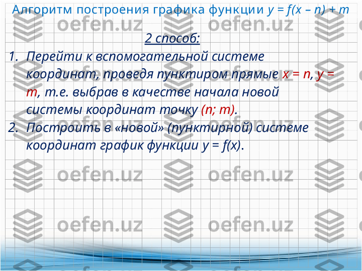 Алгори тм  построени я граф и к а фу нк ци и  у =  f (x  –  n)  + m
2 способ:
1. Перейти к вспомогательной системе 
координат, проведя пунктиром прямые  х =  n ,  у = 
т , т.е. выбрав в качестве начала новой 
системы координат точку  (п; т) .
2. Построить в «новой» (пунктирной) системе 
координат график функции  y = f(x) .  