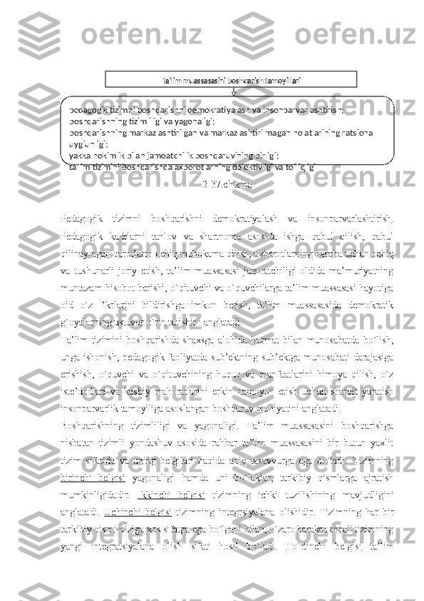 2-37.chizma
Pedagogik   tizimni   boshqarishni   demokratiyalash   va   insonparvarlashtirish .
Pedagogik   kadrlarni   tanlov   va   shartnoma   asosida   ishga   qabul   qilish,   qabul
qilinayotgan qarorlarni ochiq muhokama qilish, axborotlarning barcha uchun ochiq
va   tushunarli   joriy   etish,   ta’lim   muassasasi   jamoatchiligi   oldida   ma’muriyatning
muntazam hisobot berishi, o`qituvchi va o`quvchilarga ta’lim muassasasi hayotiga
oid   o`z   fikrlarini   bildirishga   imkon   berish,   ta’lim   muassasasida   demokratik
g`oyalarning ustuvor o`rin tutishini anglatadi.   
Ta’lim   tizimini   boshqarishda   shaxsga   alohida   hurmat   bilan   munosabatda   bo`lish,
unga ishonish,  pedagogik faoliyatda sub’ektning sub’ektga munosabati  darajasiga
erishish,   o`quvchi   va   o`qituvchining   huquq   va   manfaatlarini   himoya   qilish,   o`z
iste’dodlari   va   kasbiy   mahoratlarini   erkin   namoyon   etish   uchun   sharoit   yaratish
insonparvarlik tamoyiliga asoslangan boshqaruv mohiyatini anglatadi.
Boshqarishning   tizimliligi   va   yagonaligi .   Ta’lim   muassasasini   boshqarishga
nisbatan   tizimli   yondashuv   asosida   rahbar   ta’lim   muassasasini   bir   butun   yaxlit
tizim   sifatida   va   uning   belgilari   haqida   aniq   tasavvurga   ega   bo`ladi.   Tizimning
birinchi   belgisi   yagonaligi   hamda   uni   bo`laklar,   tarkibiy   qismlarga   ajratish
mumkinligidadir.   Ikkinchi   belgisi   tizimning   ichki   tuzilishining   mavjudligini
anglatadi.   Uchinchi   belgisi   tizimning   integrsiyalana   olishidir.   Tizimning   har   bir
tarkibiy qismi o`ziga xos sifatga ega bo`lgani bilan, o`zaro harakat orqali tizimning
yangi   integratsiyalana   olish   sifati   hosil   bo`ladi.   To`rtinchi   belgisi   ta’limpеdagogik tizimni boshqarishni dеmokratiyalash va insonparvarlashtirish;
boshqarishning tizimliligi va yagonaligi;
boshqarishning markazlashtirilgan va markazlashtirilmagan holatlarining ratsional 
uyg`unligi;
yakka hokimlik bilan jamoatchilik boshqaruvining birligi;
ta'lim tizimini boshqarishda axborotlarning ob'еktivligi va to`liqligi Ta'lim muassasasini boshqarish tamoyillari 