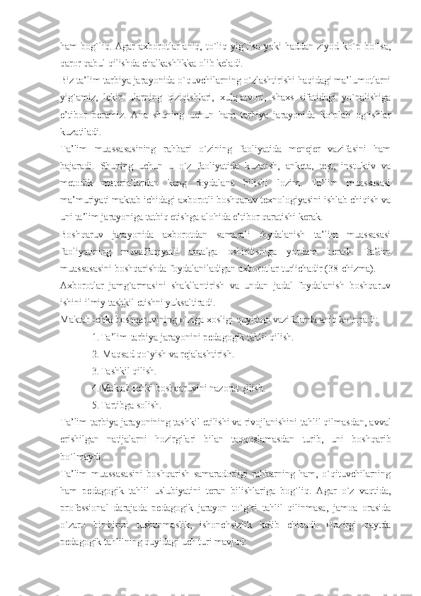 ham  bog`liq. Agar   axborotlar  aniq,  to`liq  yig`ilsa  yoki   haddan  ziyod ko`p bo`lsa,
qaror qabul qilishda chalkashlikka olib keladi.
Biz ta’lim-tarbiya jarayonida o`quvchilarning o`zlashtirishi haqidagi ma’lumotlarni
yig`amiz,   lekin   ularning   qiziqishlari,   xulq-atvori,   shaxs   sifatidagi   yo`nalishiga
e’tibor   beramiz.   Ana   shuning   uchun   ham   tarbiya   jarayonida   ko`plab   og`ishlar
kuzatiladi.
Ta’lim   muassasasining   rahbari   o`zining   faoliyatida   menejer   vazifasini   ham
bajaradi.   Shuning   uchun   u   o`z   faoliyatida   kuzatish,   anketa,   test,   instuktiv   va
metodik   materiallardan   keng   foydalana   bilishi   lozim.   Ta’lim   muassasasi
ma’muriyati maktab ichidagi axborotli boshqaruv texnologiyasini ishlab chiqish va
uni ta’lim jarayoniga tatbiq etishga alohida e’tibor qaratishi kerak.
Boshqaruv   jarayonida   axborotdan   samarali   foydalanish   ta’lim   muassasasi
faoliyatining   muvaffaqiyatli   amalga   oshirilishiga   yordam   beradi.   Ta’lim
muassasasini boshqarishda foydalaniladigan axborotlar turlichadir (38-chizma).
Axborotlar   jamg`armasini   shakllantirish   va   undan   jadal   foydalanish   boshqaruv
ishini ilmiy tashkil etishni yuksaltiradi.
Maktab ichki boshqaruvining o`ziga xosligi quyidagi vazifalarda aniq ko`rinadi:
1. Ta’lim-tarbiya jarayonini pedagogik tahlil qilish.
2.  Maqsad qo`yish va rejalashtirish.
3. Tashkil qilish.
4. Maktab ichki boshqaruvini nazorat qilish.
5. Tartibga solish.
Ta’lim-tarbiya jarayonining tashkil etilishi va rivojlanishini  tahlil qilmasdan , avval
erishilgan   natijalarni   hozirgilari   bilan   taqqoslamasdan   turib,   uni   boshqarib
bo`lmaydi. 
Ta’lim   muassasasini   boshqarish   samaradorligi   rahbarning   ham,   o`qituvchilarning
ham   pedagogik   tahlil   uslubiyatini   teran   bilishlariga   bog`liq.   Agar   o`z   vaqtida,
professional   darajada   pedagogik   jarayon   to`g`ri   tahlil   qilinmasa,   jamoa   orasida
o`zaro   bir-birini   tushunmaslik,   ishonchsizlik   kelib   chiqadi.   Hozirgi   paytda
pedagogik tahlilning quyidagi uch turi mavjud: 