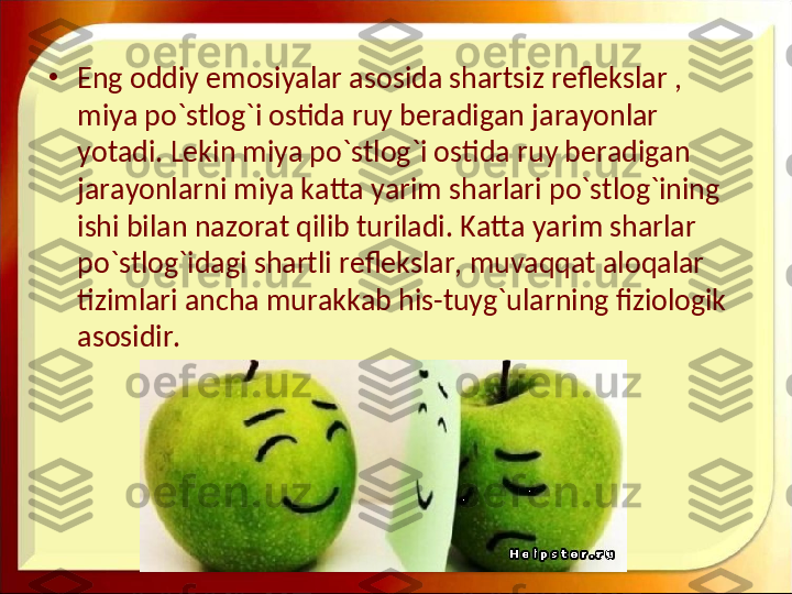 •
Eng oddiy emosiyalar asosida shartsiz reflekslar , 
miya po`stlog`i ostida ruy beradigan jarayonlar 
yotadi. Lekin miya po`stlog`i ostida ruy beradigan 
jarayonlarni miya katta yarim sharlari po`stlog`ining 
ishi bilan nazorat qilib turiladi. Katta yarim sharlar 
po`stlog`idagi shartli reflekslar, muvaqqat aloqalar 
tizimlari ancha murakkab his-tuyg`ularning fiziologik 
asosidir.  