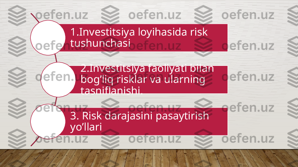 1.Investitsiya loyihasida risk 
tushunchasi
2. Investitsiya faoliyati bilan 
bog ’ liq risklar va ularning 
tasniflanishi.
3.  Risk darajasini pasaytirish 
yo’llari  