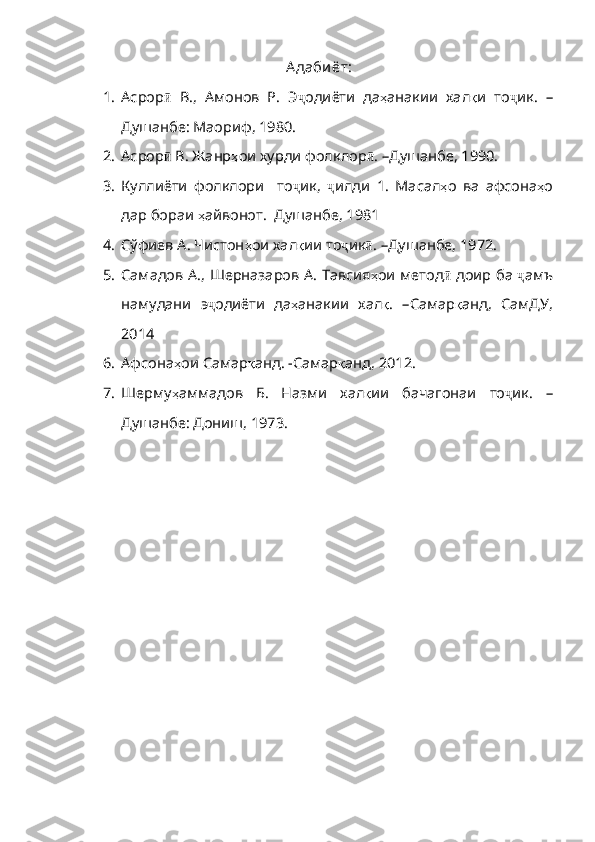 А даби ёт:
1. Асрор ӣ   В.,   Амонов   Р.   Э ҷ одиёти   да ҳ анакии   хал қ и   то ҷ ик.   –
Душанбе: Маориф, 1980.
2. Асрор ӣ  В. Жанр ҳ ои   хурди   фолкл ор ӣ .  – Душанбе, 1990.
3. Куллиёти   фолклори     то ҷ ик,   ҷ илди   1.   Масал ҳ о   ва   афсона ҳ о
дар бораи  ҳ айвонот .   Душанбе , 1981
4. Сўфиев А. Чистон ҳ ои   хал қ ии   то ҷ ик ӣ .  – Душанбе, 1972.
5. Самадов А., Шерназаров А. Тавсия ҳ ои   метод ӣ   доир   ба   ҷ амъ
намудани   э ҷ одиёти   да ҳ анакии   хал қ .   –Самар қ анд ,   СамДУ ,
2014
6. Афсона ҳ ои   Самар қ анд .  - Самар қ анд , 2012.
7. Шерму ҳ аммадов   Б.   Назми   хал қ ии   бачагонаи   то ҷ ик .   –
Душанбе: Дониш, 1973. 