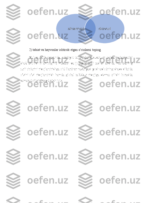 2) tabiat va hayvonlar ishtirok etgan o‘rinlarni toping. 
Xulosa   qilib   aytganda,   adabiyot   ta’limida,   xususan,   mutolaa   madaniyatini
shakllantirish bilan bog‘liq mustaqil va ijodiy ishlarni tashkil etishda intellektning
turli tiplarini rivojlantirishga oid Gardner nazariyasi yosh avlodning shaxs sifatida
o‘zini-o‘zi   rivojlantirish   hamda   global   tafakkur   rivojiga   xizmat   qilishi   borasida
samaradorligini qayd etish joiz.
 shamol	dovul   