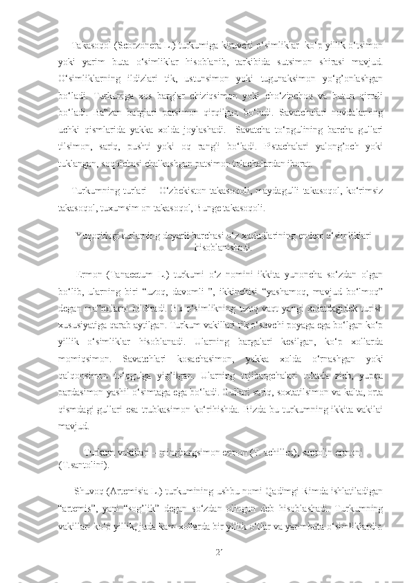 Takasoqol (Scorzonera L.) turkumiga kiruvchi o‘simliklar  ko‘p yillik o‘tsimon
yoki   yarim   buta   o‘simliklar   hisoblanib,   tarkibida   sutsimon   shirasi   mavjud.
O‘simliklarning   ildizlari   tik,   ustunsimon   yoki   tugunaksimon   yo‘g’onlashgan
bo‘ladi.   Turkumga   xos   barglar   chiziqsimon   yoki   cho‘zinchoq   va   butun   qirrali
bo‘ladi.   Ba zan   barglari   parsimon   qirqilgan   bo‘ladi.   Savatchalari   novdalarning‟
uchki   qismlarida   yakka   xolda   joylashadi.     Savatcha   to‘pgulining   barcha   gullari
tilsimon,   sariq,   pushti   yoki   oq   rangli   bo‘ladi.   Pistachalari   yalong’och   yoki
tuklangan, soqolchasi chalkashgan patsimon tolachalardan iborat. 
Turkumning   turlari   –   O‘zbekiston   takasoqoli,   maydagulli   takasoqol,   ko‘rimsiz
takasoqol, tuxumsim on takasoqol, Bunge takasoqoli.  
Yuqoridagi turlarning deyarli barchasi o‘z xududlarining endem o‘simliklari
hisoblanishadi. 
  Ermon   (Tanacetum   L.)   turkumi   o‘z   nomini   ikkita   yunoncha   so‘zdan   olgan
bo‘lib,   ularning   biri   “uzoq,   davomli   ”,   ikkinchisi   “yashamoq,   mavjud   bo‘lmoq”
degan   ma nolarni   bildiradi.   Bu   o‘simlikning   uzoq   vaqt   yangi   xolatdagidek   turish	
‟
xususiyatiga qarab aytilgan. Turkum vakillari tik o‘suvchi poyaga ega bo‘lgan ko‘p
yillik   o‘simliklar   hisoblanadi.   Ularning   bargalari   kesilgan,   ko‘p   xollarda
momiqsimon.   Savatchlari   kosachasimon,   yakka   xolda   o‘rnashgan   yoki
qalqonsimon   to‘pgulga   yig’ilgan.   Ularning   tojibargchalari   odatda   zich,   yupqa
pardasimon yashil o‘simtaga ega bo‘ladi. Gullari sariq, soxtatilsimon va kalta, orta
qismdagi   gullari   esa  trubkasimon  ko‘rihishda.  Bizda  bu turkumning ikkita  vakilai
mavjud.  
  Turkum vakillari – mingbargsimon ermon (T. achillea), santolin ermoni 
(T.santolini). 
 Shuvoq (Artemisia L.) turkumining ushbu nomi Qadimgi Rimda ishlatiladigan
“artemis”,   yani   “sog’lik”   degan   so‘zdan   olingan   deb   hisoblashadi.   Turkumning
vakillari ko‘p yillik, juda kam xollarda bir yillik o‘tlar va yarimbuta o‘simliklardir.
  21   