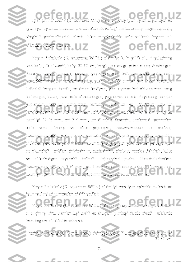 Qisilgan Bo‘tako‘z (C. depressa MB.)  o‘simligi may-iyun oylarida gullaydi va
iyun-iyul oylarida mevalari pishadi. Adirlik va tog’ mintaqasining mayin tuproqli,
shag’alli   yonbag’irlarida   o‘sadi.   Ekin   maydonlarida   ko‘p   xollarda   begona   o‘t
sifatida uchraydi [2;7;17]. 
Yoyiq   Bo‘tako‘z   (C.   squarrosa   Willd.)   o‘simligi   ko‘p   yillik   o‘t.   Poyalarining
soni ko‘p, tik o‘suvchi, bo‘yi 20-60 sm., bargli, to asosiga qadar tarqoq shoxlangan.
Shoxlari   uzaygan,   nozik,   serbarg,   yopishgan   yoki   kalta   bandlarda   ko‘p   sonli
savatchlari   mavjud.   Barglari   mayday,   yashil,   har   ikki   tomoni   yopishgan   bezchali.
Ildizoldi   barglari   bandli,   patsimon   kesilgan,   yon   segmentlari   chiziqsimon,   teng
bo‘lmagan,   butun,  juda   kalta   o‘tkirlashgan,   yopishgan   bo‘ladi.  Poyasidagi   barglar
yopishgan,   ildizoldi   barglaridan   kaltaroq.   Pastkilari   va   o‘rtakilari   ildizoldi
barglariga o‘xshash. Uchkilari butun, chiziqsimon. Savatchalari ko‘p sonli, mayda,
uzunligi   12-15   mm.,   eni   3-4   mm.,   tor   silindrik.   Savatcha   qoplamasi     yaproqlari
ko‘p   sonli.   Tashqi   va   o‘rta   yaproqlari   tuxumsimondan   to   cho‘ziq-
tuxumsimongacha,   yashil,   tepasi   kumushsimon   oq,   kipriksimon   qavatli   tayanchli,
o‘tkirlashgan,   kalta   yoki   nisbatan   uzun   to‘g’ri   yoyilgan   yoki   tashqariga   qayrilgan
oq   tikanchali.   Ichkilari   chiziqsimon,   pardasimon,   cho‘ziq,   notekis   tishchali,   kalta
va   o‘tkirlashgan   tayanchli   bo‘ladi.   Tojibarglari   pushti.   Pistachalariteskari
tuxumsimon, uzunligi 3,54 mm., eni 2 mm. Soqolchasining tashqi  bo‘rtmalari oq,
uzunligi 1,5-2 mm. Ichkilari kalta, 0,5 mm. uzunlikda va tarqoq bo‘ladi.  
Yoyiq Bo‘tako‘z (C. squarrosa Willd.) o‘simligi may-iyun oylarida gullaydi va
iyun-iyul oylarida mevalari pishib yetiladi.  
Yoyiq   Bo‘tako‘z   (C.   squarrosa   Willd.)   o‘simligi   respublikamizning   adirlikdan
to   tog’ning   o‘rta   qismlaridagi   toshli   va   shag’alli   yonbag’irlarda   o‘sadi.   Dalalarda
ham begona o‘t sifatida uchraydi. 
Iberiya Bo‘tako‘zi (C. iberica Trev.) o‘simligi ikki yillik, poyasi tik o‘suvchi, bo‘yi
20-80 sm. 
  36   