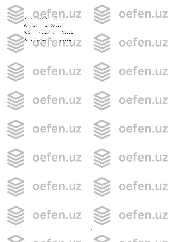 5. Torondoshlar – 26 ta tur 
6. Loladoshlar – 23 ta tur 
7. Chinniguldoshlar – 16 ta tur 
8. Bug’doydoshlar – 11 ta tur 
  9   