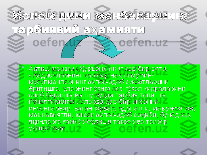 Ислом дини манбаларнинг 
тарбиявий а амияти ҳ

Айтиш жоизки «Қуръон» нинг ҳар бир ояти, 
«Ҳадис»ларнинг ҳар бир нақли мўмин-
мусулмонларнинг ахлоқ-одоб сифатларини 
ёритишга, уларнинг ўзига хос гўзал қирраларини 
очиб беришга ва шу руҳда тарбия топишга 
йўналтирилган. Уларда ҳар бир инсонни 
инсонпарвар, ватанпарвар, адолатли, маърифатли, 
маънавиятли, юксак ахлоқ-одоб соҳиби, бунёдкор, 
яқинларга ғамхўр бўлиши такрор ва такрор 
уқтирилади.    