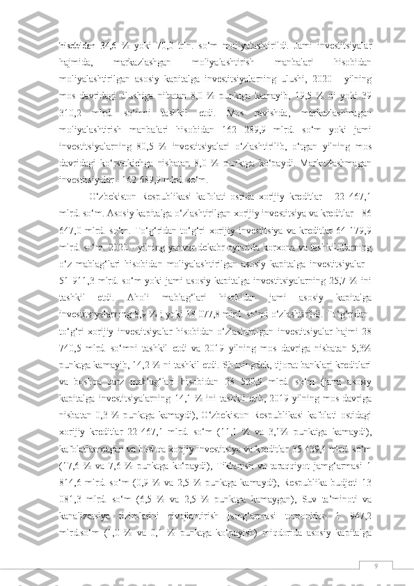 9hisobidan	 34,6  %   yoki   70,0   trln.   so‘m   moliyalashtirildi.   Jami   investitsiyalar
hajmida,   markazlashgan   moliyalashtirish   manbalari   hisobidan
moliyalashtirilgan   asosiy   kapitalga   investitsiyalarning   ulushi,   2020   -   yilning
mos   davridagi   ulushiga   nibatan   8,0   %   punktga   kamayib,   19,5   %   ni   yoki   39
310,2   mlrd.   so‘mni   tashkil   etdi.   Mos   ravishda,   markazlashmagan
moliyalashtirish   manbalari   hisobidan   162   289,9   mlrd.   so‘m   yoki   jami
investitsiyalarning   80,5   %   investitsiyalari   o‘zlashtirilib,   o‘tgan   yilning   mos
davridagi   ko‘rsatkichga   nisbatan   8,0   %   punktga   ko‘paydi.   Markazlashmagan
investitsiyalar   - 162   689,9   mlrd.   so‘m.
O‘zbekiston   Respublikasi   kafolati   ostida   xorijiy   kreditlar   -   22   467,1
mlrd. so‘m. Asosiy   kapitalga o‘zlashtirilgan xorijiy investitsiya va kreditlar - 86
647,0   mlrd.   so‘m.   To‘g‘ridan-to‘g‘ri   xorijiy   investitsiya   va   kreditlar   64   179,9
mlrd. so‘m. 2020 - yilning yanvar-dekabr oylarida   korxona   va   tashkilotlarning
o‘z   mablag‘lari   hisobidan   moliyalashtirilgan   asosiy   kapitalga   investitsiyalar   -
51  911,3  mlrd.  so‘m  yoki  jami  asosiy  kapitalga  investitsiyalarning   25,7  %  ini
tashkil   etdi.   Aholi   mablag‘lari   hisobidan   jami   asosiy   kapitalga
investitsiyalarning   8,9   %   i   yoki   18   077,8 mlrd. so‘mi o‘zlashtirildi. To‘g‘ridan-
to‘g‘ri   xorijiy   investitsiyalar   hisobidan   o‘zlashtirilgan   investitsiyalar   hajmi   28
740,5   mlrd.   so‘mni   tashkil   etdi   va   2019   yilning   mos   davriga   nisbatan   5,3%
punktga kamayib, 14,2 % ni tashkil etdi. Shuningdek, tijorat banklari kreditlari
va   boshqa   qarz   mablag‘lari   hisobidan   28   520,9   mlrd.   so‘m   (jami   asosiy
kapitalga   investitsiyalarning   14,1 % ini tashkil etib, 2019 yilning mos davriga
nisbatan   0,3   %   punktga   kamaydi),   O‘zbekiston   Respublikasi   kafolati   ostidagi
xorijiy   kreditlar   22   467,1   mlrd.   so‘m   (11,1   %   va   3,1%   punktiga   kamaydi),
kafolatlanmagan   va   boshqa   xorijiy   investitsiya   va   kreditlar   35   439,4   mlrd.   so‘m
(17,6   %   va   7,6   %   punktga   ko‘paydi),   Tiklanish   va   taraqqiyot   jamg‘armasi   1
814,6   mlrd.   so‘m   (0,9   %   va   2,5   %   punktga   kamaydi),   Respublika   budjeti   13
081,3   mlrd.   so‘m   (6,5   %   va   2,5   %   punktga   kamaygan),   Suv   ta’minoti   va
kanalizatsiya   tizimlarini   rivojlantirish   jamg‘armasi   tomonidan   1   947,2
mlrd.so‘m   (1,0   %   va   0,1   %   punktga   ko‘payish)   miqdorida   asosiy   kapitalga 