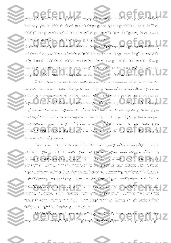 natijasida   kasallik   kuchayishi   yoki   pasayishi   mumkin.   Buni   bizning   sharoitimizda
bug‘doy   yetilib   pishish   davri   yaqinlashayotganda   yog‘ingarchilikni   ko‘p   bo‘lishi
chiziqli   zang   zamburug‘ini   ko‘p   tarqalishiga,   namlik   kam   bo‘lganda,   havo   quruq
kelganida kasallikni rivojlanmaganligi qayd etilgan.
O‘simliklarning kasalliklarga  chidamliligi  ularga  qo‘llanilayotgan agrotexnik tadbirlar,
oziqlantirish,   suv   bilan   ta’minlash   kabi   bir   qator   omillarga   ham   bog‘liq   ravishda
ro‘y   beradi.   Ekinlarni   ekish   muddatlari   ham   bunga   ta’sir   ko‘rsatadi.   Kuzgi
bug‘doyni   barvaqt   ekilganda   zamburug‘   bilan   zararlanishi   adabiyot   ma’lumotlari
bo‘yicha 0,7% ni kechikib ekilganlarida esa  kasallanish 17% ni tashkiletgan.
O‘simliklarni parvarishlash davrida ularni oziq moddalari bilan ta’minlanish
darajasi   ham   ularni   kasalliklarga   chidamliligiga   katta   ta’sir   qiladi.   Adabiyotlarda
keltirilgan   ma’lumotlarga   ko‘ra,   azotli   o‘g‘itlardan   me’yorida   ko‘p   miqdorda
foydalanish   o‘simliklarning   kasalliklarga   chidamliligini   pasaytiradi.   Kaliyli
o‘g‘itlardan   samarali   foydalanish   g‘alla   ekinlarini   un   shudring,   zang   kasalligiga,
makkajo‘xorini  bo‘rtma   qorakuyaga   chidamliligini   oshirgan.   Qishga   saqlanadigan
ildizmevalarni   ham   kaliyli   o‘g‘itlar   bilan   o‘g‘itlash   ularni   chirish   kasalligiga
chidamliligini   oshiradi.   Azotli   o‘g‘itlar   ko‘p   qo‘llanilgan   hollarda   ildizmevalarni
ko‘p   chirishi   ro‘y   beradi.
Tuproqda   mikroelementlarni   bo‘lishi   ham   ijobiy   ta’sir   qiladi.   Ayrim   poliz
ekinlarini   yetilib   pishish   davri   yaqinlashganda   maydonlarda   begona   o‘tlarning
ko‘payishi   kasalliklarga   chidamliligini   oshiradi.   Bunday   holatni   osh   piyozni
ye tishtirish davrida   mirishkor polizchilar piyoz yetilayotgan davrda   ular orasidagi
begona o‘tlarni yulmaydilar. Atmosfera havosi  va   tuproqning namlanganlik darajasi
o‘simliklarning   rivojlanishiga   katta   ta’sirko‘rsatadigan   omillardan   biri   bo‘lib
hisoblanadi.   Bizning   quruq   issiq   iqlim   sharoitida   qishloq   xo‘jaligi   ekinlaridan
g‘o‘za,   bug‘doy,   sholi   havoda   namlikni   ortishi   bilan   ularning   rivojlanishida
pasayish yaqqol namoyon bo‘ladi. Tuproqdagi   namlikni   kamayishi   g‘o‘zada   so‘lish
(vilt) kasalligini   kuchayishiga   olib   keladi.
Makkajo‘xori   va   fuzarnoz   kasallikga   chidamlik   havo   xaroratinini   20S   dan
past   holatlarda   pasayib   ketadi.   Bug‘doyda   rivojlanadigan   zang   kuya   zamburug‘I 