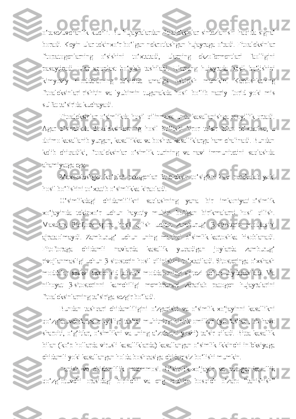 o‘tasezuvchanlik kuchli. Bu hujayralardan fitoaleksinlar sintezlanishi  haqida signal
boradi. Keyin ular tekinxo‘r bo‘lgan nekrotlashgan hujayraga o‘tadi. Fitoaleksinlar
fitopatogenlarning   o‘sishini   to‘xtatadi,   ularning   ekzofermentlari   faolligini
pasaytiradi.   Ular   apoplast   bo‘ylab   tashiladi.   Ularning   hujayrada   hosil   bo‘lishini
kimyoviy   moddalarning   ta’sirida   amalga   oshirish   mumkin.   Kartoshkaning
fitoaleksinlari-rishitin   va   lyubimin   tuganakda   hosil   bo‘lib   natriy   ftorid   yoki   mis
sulfat ta’sirida kuchayadi.
Fitoaleksinlar  o‘simlikda hosil  qilinmasa  unda kasallanishga  moyillik ortadi.
Agar   o‘simlikda   fitoaleksinlarning   hosil   bo‘lishi   biror   ta’sir   bilan   to‘xtatilsa,   u
doimo kasallanib yurgan, kasallikka va boshqa kasalliklarga ham chalinadi. Bundan
kelib   chiqadiki,   fitoaleksinlar   o‘simlik   turining   va   navi   immunitetini   saqlashda
ahamiyatga ega.
Maxsuslashgan   ko‘plab   patogenlar   fitoaleksin   to‘sig‘ini   ham   parchalab   yoki
hosil bo‘lishini to‘xtatib o‘simlikka kiraoladi.
O‘simlikdagi   chidamlilikni   saqlashning   yana   bir   imkoniyati-o‘simlik
xo‘jayinda   tekinxo‘r   uchun   hayotiy   muhim   bo‘lgan   birikmalarni   hosil   qilish.
Masalan,   fitoftora   spora   hosil   qilish   uchun   zamburug‘   β-sitosterin   moddasini
ajrataolmaydi.   Zamburug‘   uchun   uning   manbai   o‘simlik-kartoshka   hisoblanadi.
Fitoftoraga   chidamli   navlarda   kasallik   yuqadigan   joylarda   zamburug‘
rivojlanmasligi uchun β-sitosterin hosil qilinishini to‘xtatiladi. Sitosteringa o‘xshash
moddalar   seskvi   terpenoid   tabiatli   moddalarning   sintezi   uchun   foydalaniladi.   Va
nihoyat   β-sitosterinni   kamchiligi   membranani   zararlab   patogen   hujayralarini
fitoaleksinlarning ta’siriga sezgir bo‘ladi.
Bundan   tashqari   chidamliligini   o‘zgarishi   va   o‘simlik-xo‘jayinni   kasallikni
qo‘zg‘atuvchilarga   moyilligi   tashqi   muhitning   biotik   omillari   (yil   fasllari,   ob-havo
sharoiti,   o‘g‘itlar,   o‘simlikni   va   uning   a’zolarini   yoshi)   ta’sir   qiladi.   Bitta   kasallik
bilan (ko‘p hollarda virusli kasalliklarda) kasallangan o‘simlik ikkinchi infeksiyaga
chidamli yoki kasallangan holda boshqasiga chidamsiz bo‘lishi mumkin.
Tanish   va   chidamlilik   muammosi .   O‘simlik - xo‘jayin   va   patogen - kasallik
qo‘zg ‘ otuvchi   orasidagi   birinchi   va   eng   muhim   bosqich   o‘zaro   “ tanishish ” 