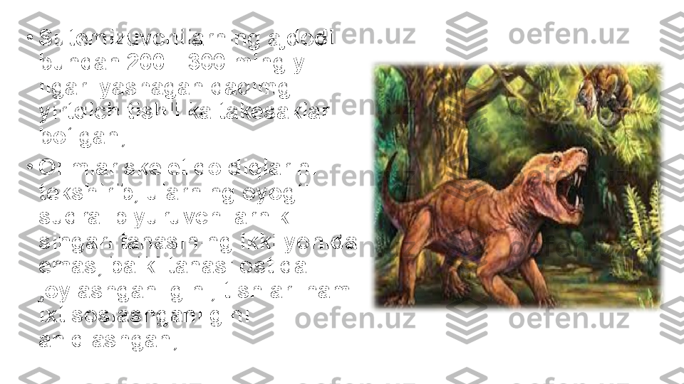 •
Sutemizuvchilarning ajdodi 
bundan 200—300 ming yil 
ilgari yashagan qadimgi 
yirtqich tishli kaltakesaklar 
bo‘lgan;
•
Olimlar skelet qoldiqlarini 
tekshirib, ularning oyog‘i 
sudralib yuruvchilarniki 
singari tanasining ikki yonida 
emas, balki tanasi ostida 
joylashganligini, tishlari ham 
ixtisoslashganligini 
aniqlashgan; 