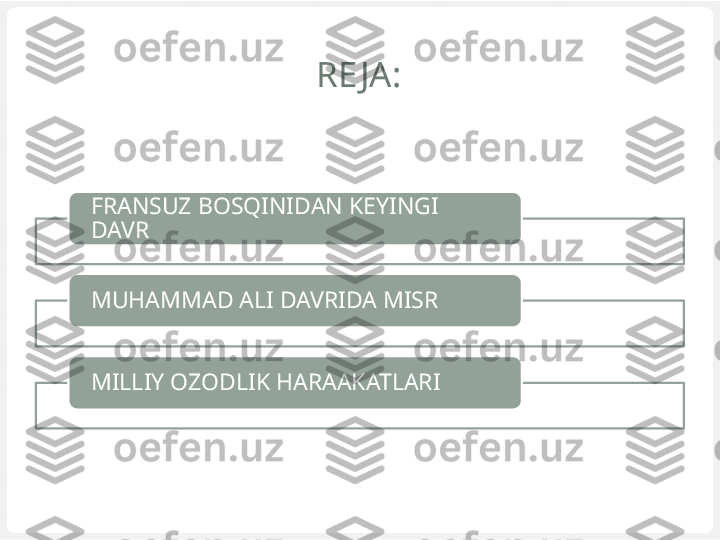 RE JA:
FRANSUZ BOSQINIDAN KEYINGI 
DAVR
MUHAMMAD ALI DAVRIDA MISR
MILLIY OZODLIK HARAAKATLARI    