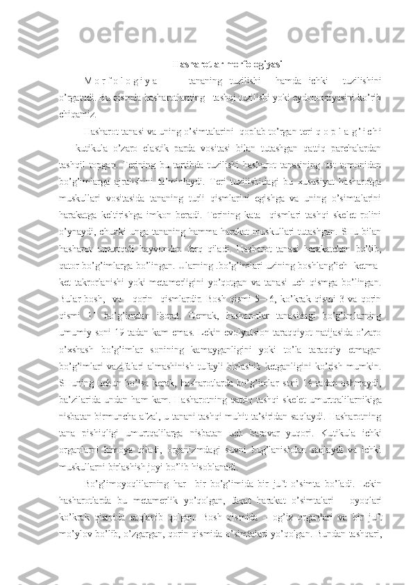 Hasharotlar morfologiyasi
M o r f o l o g i y a   —   tananing   tuzilishi     hamda   ichki     tuzilishini
o’rgatadi. Bu qismda hasharotlarning   tashqi tuzilishi yoki eydonomiyasini ko’rib
chiqamiz.
Hasharot tanasi va uning o’simtalarini  qoplab to’rgan teri q o p l a  g ’ i c h i
—   kutikula   o’zaro   elastik   parda   vositasi   bilan   tutashgan   qattiq   parchalardan
tashqil   topgan.   Terining   bu   tartibda   tuzilishi   hasharot   tanasining   ust   tomonidan
bo’g’imlarga   ajralishini   ta’minlaydi.   Teri   tuzilishidagi   bu   xususiyat   hasharotga
muskullari   vositasida   tananing   turli   qismlarini   egishga   va   uning   o’simtalarini
harakatga   keltirishga   imkon   beradi.   Terining   kata     qismlari   tashqi   skelet   rolini
o’ynaydi,   chunki   unga  tananing   hamma   harakat   muskullari   tutashgan.   SHu  bilan
hasharot   umurtqali   hayvondan   farq   qiladi.   Hasharot   tanasi   harakatchan   bo’lib,
qator bo’g’imlarga bo’lingan. Ularning .bo’g’imlari uzining boshlang’ich   ketma-
ket   takrorlanishi   yoki   metamerligini   yo’qotgan   va   tanasi   uch   qismga   bo’lingan.
Bular   bosh,     va       qorin     qismlardir.   Bosh   qismi   5—6,   ko’krak   qismi   3   va   qorin
qismi   11   bo’g’imdan   iborat.   Demak,   hasharotlar   tanasidagi   bo’g’imlarning
umumiy soni   19 tadan  kam   emas.  Lekin evolyutsion  taraqqiyot  natijasida  o’zaro
o’xshash   bo’g’imlar   sonining   kamayganligini   yoki   to’la   taraqqiy   etmagan
bo’g’imlari   vazifalari   almashinish   tufayli   birlashib   ketganligini   ko’rish   mumkin.
SHuning   uchun   bo’lsa   kerak,   hasharotlarda   bo’g’imlar   soni   14   tadan   oshmaydi,
ba’zilarida   undan   ham   kam.   Hasharotning   qattiq   tashqi   ske let   umurtqalilarnikiga
nisbatan birmuncha afzal, u tanani tashqi muhit ta’siridan saqlaydi. Hasharotning
tana   pishiqligi   umurtqalilarga   nisbatan   uch   baravar   yuqori.   Ku tikula   ichki
organlarni   himoya   qiladi,   organizmdagi   suvni   bug’lanishdan   saqlaydi   va   ichki
muskullarni birlashish joyi bo’lib hisoblanadi.
Bo’g’imoyoqlilarning   har     bir   bo’g’imida   bir   juft   o’simta   bo’ladi.   Lekin
hasharotlarda   bu   metamerlik   yo’qolgan,   faqat   harakat   o’simtalari—   oyoqlari
ko’krak   qismida   saqlanib   qolgan.   Bosh   qismida   —og’iz   organlari   va   bir   juft
mo’ylov bo’lib, o’zgargan, qorin qismida o’simtalari yo’qolgan. Bundan tashqari, 