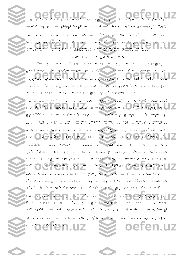 juda   ko’p   hasharotlarda   qanotlar   vujudga   kelgan.   SHunday   qilib,   hasharotlar
morfologiyasida   qo’yidagi   belgilar:   tanalari   bo’g’imga   ajralgan   va   bosh,   ko’krak
ham   qorin   qismlari   mavjud.   Boshida   og’iz   organi   va   bir   juft   mo’ylovi   bor,
ko’kragi   uch   bo’g’imli     va     ularga   uch   juft   oyoq   va   ko’pchiligida   qanotlar
o’rnashgan. Qorin   
qismi 11 tagacha bo’g’imdan iborat, oyoqsiz bo’ladi.
Hasharotlarning anatomiyasi.
Teri   qoplamlari.   Hasharotning   tanasi   teri   qoplami   bilan   qoplangan,   u
gipoderma   –   hujayralar   qavati   va   kutikuladan   iborat.   Kutikula   esa   ana   shu
hujayralar ajratadigan hosiladir. Kutikula qattiq, yumshoq va elastik holda bo’lishi
mumkin.   Terisi   organizmni   tashqi   mexanik   va   kimyoviy   ta’sirlardan   saqlaydi.
Bundan tashqari, u muskullar birikadigan joy bo’lib xizmat qiladi. 
Hasharotlarning   teri   qoplamlari   tashqi   (epikutikula)   va   ichki   (prokutikula)
qavatdan   iborat.   epikutikula   suv   o’tkazmaydi   va   suv   bilan   ho’llanmaydi,   ya’ni
gigrofoblidir. Bu esa hasharotlar hayotida katta ahamiyatga ega. Ho’llanmaganligi
tufayli   suv   tekkanda   teri   qoplami   tirishib   qolmaydi,   havoda   tanasi   qurimaydi.
epikutikula   tarkibida   mum   va   lipoidlar   mavjudligidan   u   gigrofobli   bo’ladi.   Ichki
qavat   –   prokutikula   ancha   qalin   bo’lib,   xitin   va   oqsildan   tashkil   topadi.   Bu
moddalar   qotib,   sovutsimon   qattiq,   to’q   kutikula   hosil   qilishi   mumkin.
Qo’ng’izning   teri   qoplami   xuddi   shunday   tuzilgan.   Ammo   ko’pchilik
hasharotlarning lichinka yoki  qurtlarida prokutikula egiluvchan  va elastik  holatda
bo’ladi.   Hasharotlarning   tashqi   muhit   bilan   bo’ladigan   o’zaro   munosabatlarini
tushunishda  ham,  ularga qarshi   kimyoviy kurash  olib borishda  ham, kutikulaning
o’tkazuvchanligiga   oid   masala   jiddiy   ahamiyat   kasb   etadi.   Kutikula   mexanik
ta’sirlardan himoyalanish vazifasini o’tashi bilan birga, fiziologik to’siq hamdir. U
suvni   organizmdan   bug’lanishiga   hamda   zaharlar   unga   o’tishiga   yo’l   qo’ymaydi.
SHu   boisdan   sirtdan   ta’sir   qiladigan   preparatlarni   ishlatishda   qo’shimcha
ho’llovchi   dorilarni   aralashtirish   yo’li   bilan   suyuq   dorining   samaradorligi
oshiriladi,   alohida   hollarda   esa   yog’larda   (bu   holda   lipoidlarda)   eriydigan
preparatlar qo’llaniladi.  