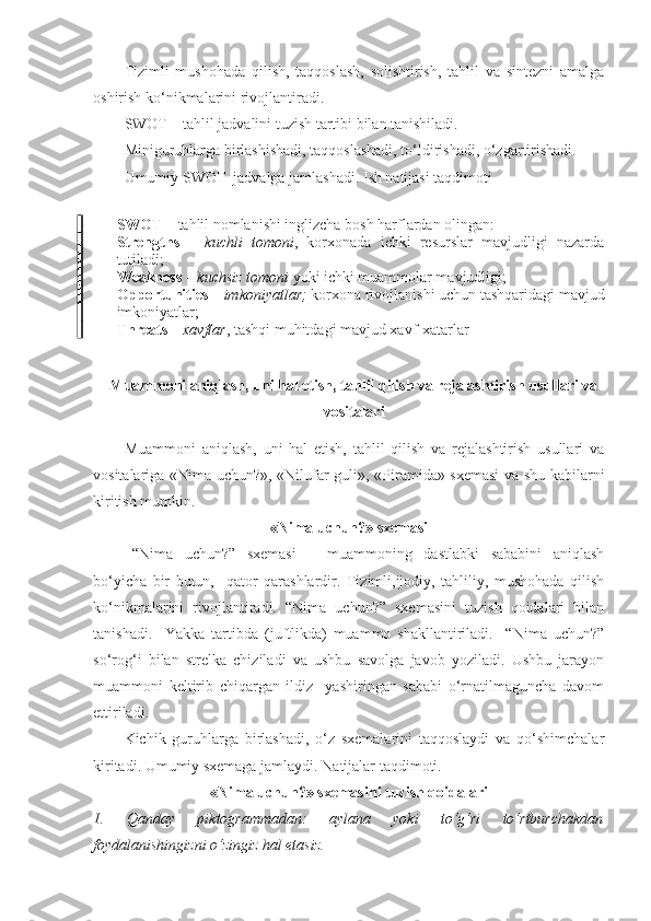 Tizimli   mushohada   qilish,   taqqoslash,   solishtirish,   tahlil   va   sintezni   amalga
oshirish ko‘nikmalarini rivojlantiradi.
SWOT – tahlil jadvalini tuzish tartibi bilan tanishiladi.
Miniguruhlarga birlashishadi, taqqoslashadi, to‘ldirishadi, o‘zgartirishadi.
Umumiy SWOT–jadvalga jamlashadi. Ish natijasi taqdimoti
SWOT  – tahlil nomlanishi inglizcha bosh harflardan olingan:
Strengths   –   kuchli   tomoni ,   korxonada   ichki   resurslar   mavjudligi   nazarda
tutiladi;
Weakness  –  kuchsiz tomoni  yoki ichki muammolar mavjudligi;
Opportunities  –  imkoniyatlar;  korxona rivojlanishi uchun tashqaridagi mavjud
imkoniyatlar;
Threats  –  xavflar , tashqi muhitdagi mavjud xavf-xatarlar
Muammoni aniqlash, uni hal etish, tahlil qilish va rejalashtirish usullari va
vositalari
Muammoni   aniqlash,   uni   hal   etish,   tahlil   qilish   va   rejalashtirish   usullari   va
vositalariga «Nima uchun?», «Nilufar guli» ,   «Piramida» sxemasi   va shu kabi larni
kiritish mumkin.
«Nima uchun?» sxemasi
“Nima   uchun?”   sxemasi   –   muammoning   dastlabki   sababini   aniqlash
bo‘yicha   bir   butun,     qator   qarashlardir.   Tizimli,ijodiy,   tahliliy,   mushohada   qilish
ko‘nikmalarini   rivojlantiradi.   “Nima   uchun?”   sxemasini   tuzish   qoidalari   bilan
tanishadi.     Yakka   tartibda   (juftlikda)   muammo   shakllantiriladi.     “Nima   uchun?”
so‘rog‘i   bilan   strelka   chiziladi   va   ushbu   savolga   javob   yoziladi.   Ushbu   jarayon
muammoni   keltirib   chiqargan   ildiz     yashiringan   sababi   o‘rnatilmaguncha   davom
ettiriladi.
Kichik   guruhlarga   birlashadi,   o‘z   sxemalarini   taqqoslaydi   va   qo‘shimchalar
kiritadi. Umumiy sxemaga jamlaydi. Natijalar taqdimoti.
«Nima uchun?» sxemasini tuzish qoidalari
1.   Qanday   piktogrammadan:   aylana   yoki   to‘g‘ri   to‘rtburchakdan
foydalanishingizni o‘zingiz hal etasiz. 