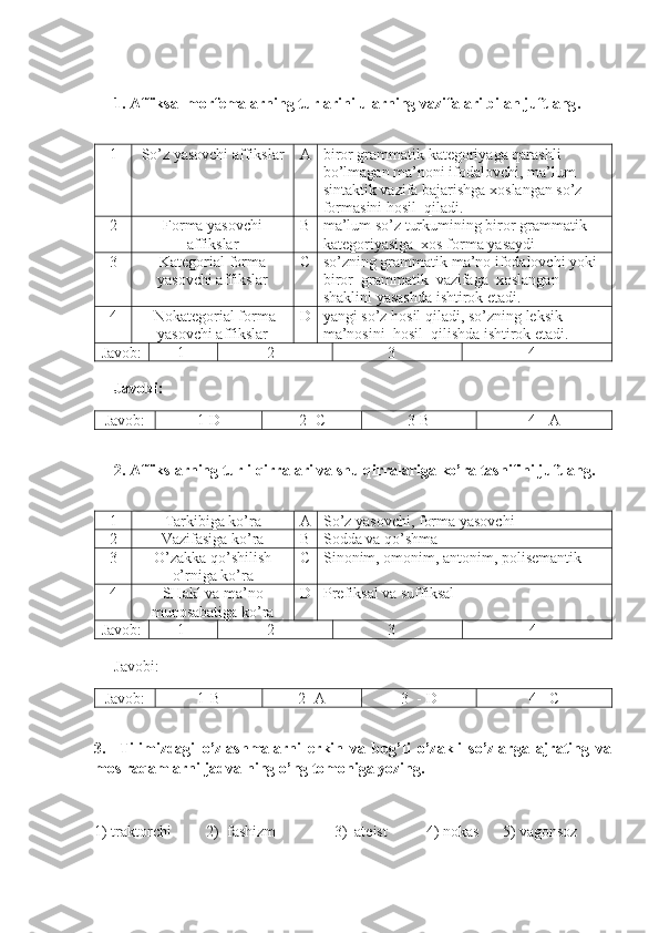 1 .  Affiksal morfemalarning turlarini ularning vazifalari bilan juftlang . 
1 So’z yasovchi affikslar A biror grammatik kategoriyaga qarashli 
bo’lmagan ma’noni ifodalovchi, ma’lum 
sintaktik vazifa bajarishga xoslangan so’z 
formasini hosil  qiladi .
2 Forma yasovchi
affikslar B ma’lum so’z  turkumi ning biror grammatik 
kategoriyasiga  xos forma  yasaydi
3 Kategorial forma
yasovchi affikslar C so’zning grammatik ma’no ifodalovchi yoki 
biror  grammatik  vazifaga  xoslangan 
shaklini yasashda ishtirok etadi.
4  Nokategorial forma
yasovchi affikslar D yangi so’z hosil qiladi ,  so’zning leksik  
ma’nosini  hosil  qilishda ishtirok etadi .
Javob: 1- 2 - 3  -  4 - 
Javobi: 
Javob: 1-D 2 -C 3-B 4 - A
2. Affikslarning turli qirralari va shu qirralariga ko’ra tasnifini juftlang. 
1 Tarkibiga ko’ra A So’z yasovchi, forma yasovchi
2 Vazifasiga ko’ra B Sodda va qo’shma
3 O’zakka qo’shilish
o’rniga ko’ra C Sinonim, omonim, antonim, polisemantik
4 SHakl va ma’no
munosabatiga ko’ra   D Prefiksal va suffiksal
Javob: 1- 2 - 3  -   4 -
Javobi: 
Javob: 1-B 2 -A 3  - D 4 - C
3.     Tilimizdagi   o’zlashmalarni   erkin   va   bog’li   o’zakli   so’zlarga   ajrating   va
mos raqamlarni jadvalning o’ng tomoniga yozing.
1) traktorchi         2)  fashizm               3)  ateist          4) nokas      5) vagonsoz         