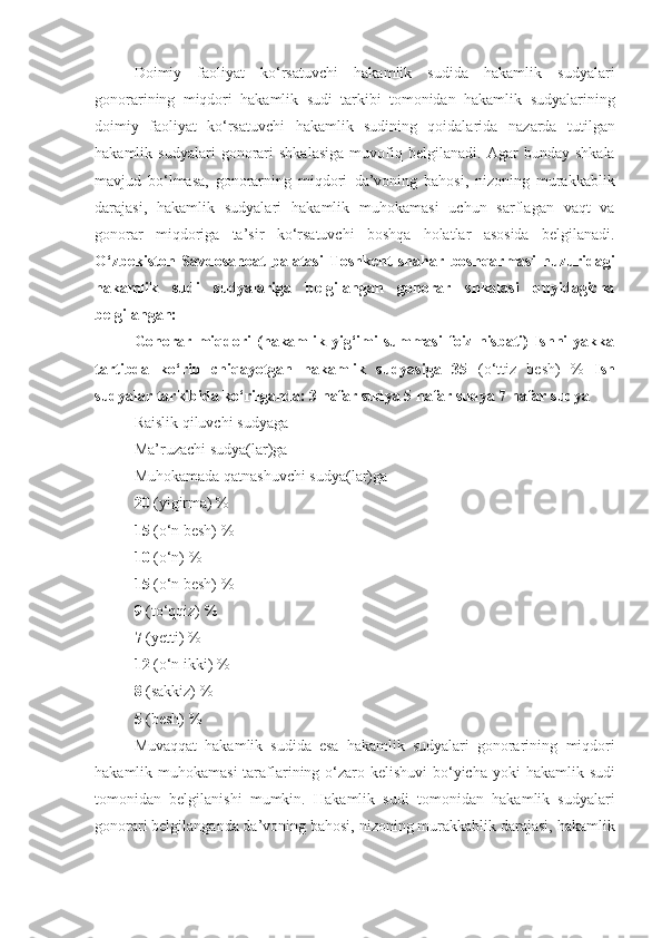 Doimiy   faoliyat   ko‘rsatuvchi   hakamlik   sudida   hakamlik   sudyalari
gonorarining   miqdori   hakamlik   sudi   tarkibi   tomonidan   hakamlik   sudyalarining
doimiy   faoliyat   ko‘rsatuvchi   hakamlik   sudining   qoidalarida   nazarda   tutilgan
hakamlik  sudyalari   gonorari   shkalasiga   muvofiq   belgilanadi.  Agar   bunday  shkala
mavjud   bo‘lmasa,   gonorarning   miqdori   da’voning   bahosi,   nizoning   murakkablik
darajasi,   hakamlik   sudyalari   hakamlik   muhokamasi   uchun   sarflagan   vaqt   va
gonorar   miqdoriga   ta’sir   ko‘rsatuvchi   boshqa   holatlar   asosida   belgilanadi.
O‘zbekiston   Savdosanoat   palatasi   Toshkent   shahar   boshqarmasi   huzuridagi
hakamlik   sudi   sudyalariga   belgilangan   gonorar   shkalasi   quyidagicha
belgilangan:
Gonorar   miqdori   (hakamlik   yig‘imi   summasi   foiz   nisbati)   Ishni   yakka
tartibda   ko‘rib   chiqayotgan   hakamlik   sudyasiga   35   (o‘ttiz   besh)   %   Ish
sudyalar tarkibida ko‘rilganda: 3 nafar sudya 5 nafar sudya 7 nafar sudya
Raislik qiluvchi sudyaga
Ma’ruzachi sudya(lar)ga
Muhokamada qatnashuvchi sudya(lar)ga
20  (yigirma) %
15  (o‘n besh) %
10  (o‘n) %
15  (o‘n besh) %
9  (to‘qqiz) %
7  (yetti) %
12  (o‘n ikki) %
8  (sakkiz) %
5  (besh) %
Muvaqqat   hakamlik   sudida   esa   hakamlik   sudyalari   gonorarining   miqdori
hakamlik muhokamasi  taraflarining o‘zaro kelishuvi  bo‘yicha   yoki hakamlik sudi
tomonidan   belgilanishi   mumkin.   Hakamlik   sudi   tomonidan   hakamlik   sudyalari
gonorari belgilanganda da’voning bahosi,   nizoning murakkablik darajasi, hakamlik 