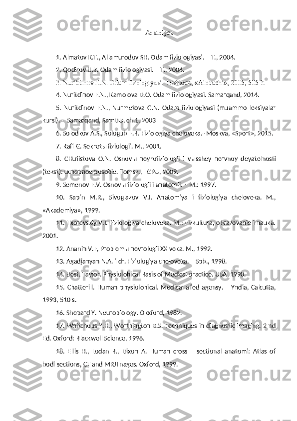 Adabiyot
1. Almatov K.T., Allamurodov SH. Odam fiziologiyasi. – T., 2004.
2 . Qodirov U.Z. Odam fiziologiyasi. – T., 2004.
3. Nuritdinov E.N. Odam fizologiyasi. Toshkent, «Aloqachi», 2005, 505 b.
4. Nuritdinov E.N., Kamolova D.O. Odam fiziologiyasi. Samarqand, 2014.
5.   Nuritdinov   E.N.,   Nurmetova   G.N.   Odam   fiziologiyasi   (muammo   leksiyalar
kursi). – Samarqand, SamDU, ch.1, 2003
6.  Solodkov A.S., Sologub E.B. Fiziologiya cheloveka.- Moskva, «Sport», 2015.
7. Raff G. Sekret ы  fiziologii. M., 2001.
8.   CHufistova   O.N.   Osnov ы   neyrofiziologii   i   v ы sshey   nervnoy   deyatelnosti
(tekst): uchebnoe posobie. Tomsk., TGPU, 2009.
9.  Semenov E.V. Osnov ы  fiziologii i anatomii. – M.: 1997.
10.   Sapin   M.R.,   Sivoglazov   V.I.   Anatomiya   i   fiziologiya   cheloveka.   M.,
«Akademiya», 1999.
11.  Txorevskiy V.I. Fiziologiya cheloveka. M.: Fizkultura, obrazovanie i nauka.
2001.
12. Ananin V.F, Problem ы  nevrologii XX veka. M., 1992.
13.  Agadjanyan  N.A. i dr. Fiziologiya cheloveka. – Spb., 1998.
14.  Best, Taylor. Physiolohical Basis of Medical practice. USA , 1990.
15.   Chatterill.   Human   physiolohical.  Medical   alied   agensy.  –   Yndia,  Calcutta,
1993, 510 s.
16. Shepard Y. Neurobiology. Okxford, 1982.
17. Whitchous Y.H., Worthington B.S. Techniques in diagnostic imaging. 2 nd
Ed. Oxford: Blackwell Science, 1996.
18.   Ellis   H.,   Lodan   B.,   Dixon   A.   Human   cross   –   sectional   anatomi:   Atlas   of
bodi sections, CT and MRJI nages. Oxford, 1999. 