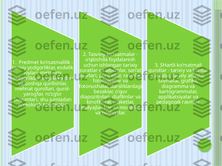 1.  Predmet ko’rsatmalilik - 
tarixiy yodgorliklar, esdalik 
joylari, me’moriy 
yodgorliklari xo’jalikka doir 
va boshqa qurilishlar, 
mehnat qurollari, qurol-
yarog’lar, ro’zg’or 
buyumlari, shu jumladan 
arxeologik topilmalar. 2. Tasviriy ko’rsatmalar - 
o’qitishda foydalanish 
uchun ishlangan tarixiy 
suratlar va albomlar, san’at 
asarlari, portretlar, rasmlar, 
fotohujjatlar va 
fotonushalar, darsliklardagi 
bezaklar, o’quv 
diapozitivlari, diafilmlar va 
kinofilmlar, maketlar, 
mulyajlar, har xil modellar 
va boshqalar. 3. SHartli ko’rsatmali 
q urollar  - t arixiy va kontur 
xaritalar, tarixiy atlaslar, 
sxemalar, grafika, 
diagramma va 
kartogrammalar, 
applikatsiyalar va 
pedagogik rasmlar.     