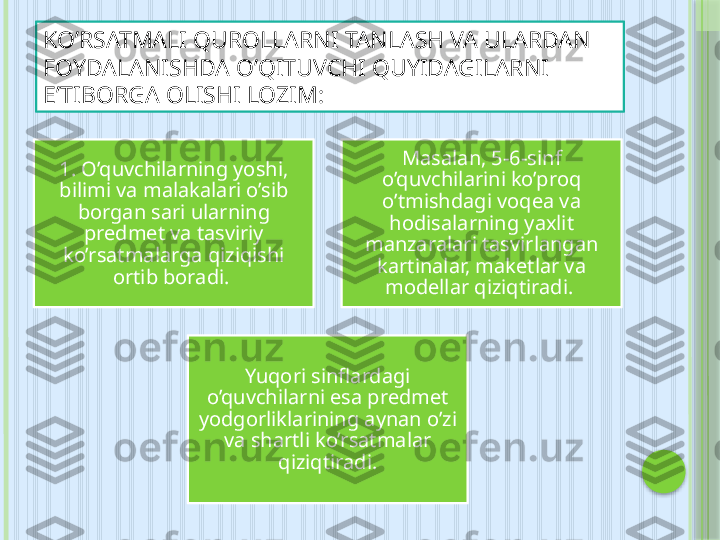 KO’RSATMALI QUROLLARNI TANLASH VA ULARDAN 
FOYDALANISHDA O’QITUVCHI QUYIDAGILARNI 
E’TIBORGA OLISHI LOZIM:
1. O’quvchilarning yoshi, 
bilimi va malakalari o’sib 
borgan sa ri ularning 
predmet va tasviriy 
ko’rsatmalarga qiziqishi 
ortib boradi.  Masalan, 5-6-sinf 
o’quvchilarini ko’proq 
o’tmishdagi voqea va 
hodisalarning yaxlit 
manzaralari tasvirlangan 
kartinalar, maketlar va 
modellar qiziqtiradi. 
Yuqori sinflardagi 
o’quvchilarni esa predmet 
yodgorliklarining aynan o’zi 
va shartli ko’rsatmalar 
qiziqtiradi.     