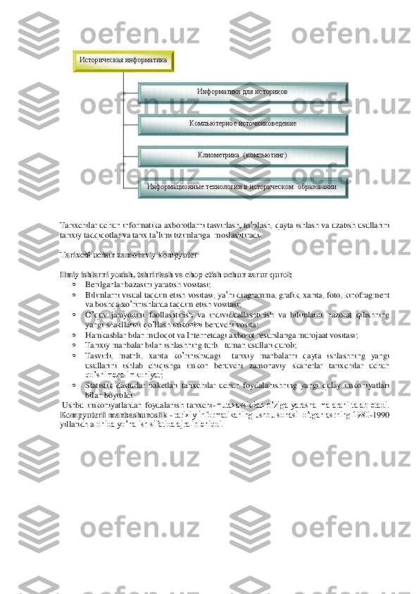   	
 
Tarixchilar	 uchun	 informatika	 axborotlarni	 tasvirlash	, to’plash	, qayta	 ishlash	 va	 uzatish	 usullarini	 	
tarixiy	 tadqiqotlar	 va	 tarix	 ta’limi	 tizimlariga	  moslashtiradi	. 	
  
Tarixchi uchun zamonaviy kompyuter	 	
 
Ilmiy ish	larni yozish, tahrirlash va chop etish uchun zarur qurol;	 	
 	Berilganlar bazasini yaratish vositasi;	 	
 	Bilimlarni	 visual	 taqdim	 etish	 vositasi	, ya	’ni diagramma	, grafik	, xarita	, foto	, kinofragment	 	
va	 boshqa	 ko	’rinishlarda	 taqdim	 etish	 vositasi	; 	
 	O’quv	 jarayonini	 faollashtirish	 va	 individuallashtirish	 va	 bilimlarni	 nazorat	 qilishning	 	
yangi	 shakllarini	 qo	’llash	 imkonini	 beruvchi	 vosita	; 	
 	Hamkasblar	 bilan	 muloqot	 va	 Internetdagi	 axborot	 resurslari	ga	 murojaat	 vositasi	; 	
 	Tarixiy manbalar bilan ishlashning turli 	–tuman us	ullari quroli;	   	
 	Tasvirli	, 	matnli	, 	xarita	 ko	’rinishidagi	  	tarixiy	 manbalarni	 qayta	 ishlashning	 yangi 	
usullarini  ishlab  chiqishga  imkon  beruvchi  zamonaviy	 skanerlar	 tarixchilar  uchun 	
qo’shimcha imkoniyat	;  	
 	Statistik	 dasturlar	 paketlari  tarixchilar  uchun  foy	dalanishning  yangi  qulay  imkoniyatlari 	
bilan boyitildi.	  	
 Ushbu	 imkoniyatlardan	 foydalanish  tarixchi	-mutaxassisdan  o’ziga  yarasha  malarani  talab  etadi.	 	
Kompyuterli	 manbashunoslik	 - tarixiy informatikaning ushbu sohasi  o’tgan asrning 1980	-1990  	
yillaridh a	lohida yo’nalish sifatida ajralib chiqdi.	  	
 
 
 
 
  