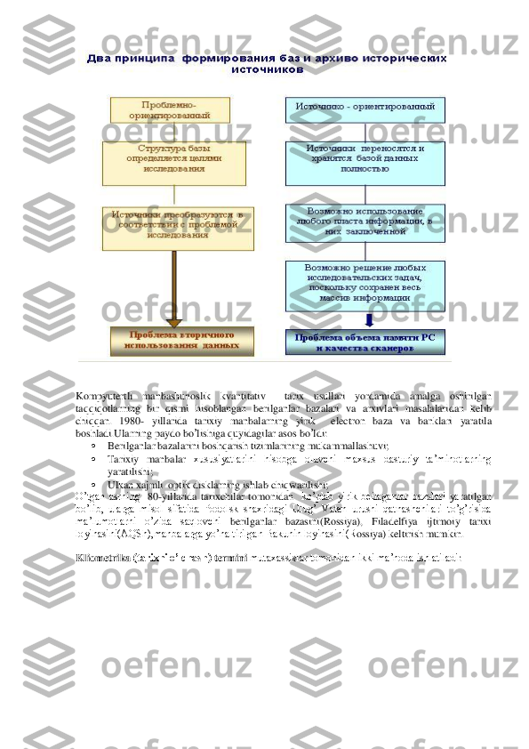  	  	
 
 
Kompyutertli	 	manbashunoslik	 	kvantitativ	  	tarix	 	usullari	 	yordamida	 	amalga	 	oshirilgan	 	
taqqiqotlarning	 bir	 qismi	 hisobla	ngan	 berilganlar	 bazalari	 va	 arxivlari	 masalalaridan	 kelib	 	
chiqqan	. 	1980	- yillarida	 tarixiy	 manbalarning	 yirik	  	electron	 baza	 va	 banklari	 yaratila	 	
boshladi	.Ularning	 paydo	 bo	’lishiga	 quyidagilar	 asos	 bo	’ldi	:  	
 	Berilganlar bazalarini boshqarish tizimlarining 	mukammallashuvi;	 	
 	Tarixiy	 manbalar	 xususiyatlarini  hisobga  oluvchi  maxsus  dasturiy  ta’minotlarning 	
yaratilishi;	 	
 	Ulkan xajmli  optik disklarning ishlab chiqwarilishi;	  	
O’tgan  asrning 	 80	-yillarida  tarixchilar	 tomonidan 	 ko’plab  yirik  beilaganlar  bazalari  yar	atilgan 	
bo’lib,  ularga  misol  sifatida  Podolsk  shaxridagi  Ulug’  Vatan  urushi  qatnashchilari  to’g’risida 
ma’lumotlarni  o’zida  saqlovchi 	berilganlar  bazasini(Rossiya),  Filadelfiya  ijtimoiy  tarixi 	
loyihasini(AQSh),manbalarga yo’naltirilgan Bakunin loyihasini(R	ossiya) keltirish mumkin.	  	
 
Kliometrika	 (tarixni o’lchash) 	termini	 mutaxassislar tomonidan ikki ma’noda ishlatiladi	: 	
 
 
 
 
  