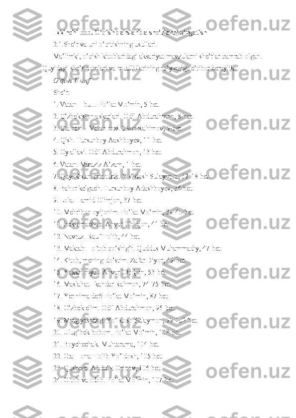 Ikkinchi bob. O’qish darslarida she’rlarni o’rgatish 
2.1.She’r va uni o’qitishning usullari. 
Ma’limki, o’qish kitoblaridagi aksariyat mavzularni she’rlar qamrab olgan. 
Quyidagi she’r nomlari va mualliflarining ro’yxatiga e’tibor beraylik: 
O’qish 1-sinf 
She’r: 
1. Vatan – bu… Po’lat Mo’min, 5-bet. 
2. O’zbekiston askarlari. Odil Abdurahmon, 8-bet. 
3. Ota rozi – Vatan rozi. Eson Rahimov, 9-bet. 
4. Qish. Tursunboy Aashboyev, 11-bet. 
5. Oy allasi. Odil Abdurahmon, 13-bet. 
6. Vatan. Miraziz A’zam, 1-bet. 
7. Quyoshdan erta turib. Yo’ldosh Sulaymon, 17-18-bet. 
8. Bahor kelgach. Tursunboy Adashboyev, 36-bet. 
9. Lola. Hamid Olimjon, 37-bet. 
10. Mehribon oyijonim. Po’lat Mo’min, 39-40-bet. 
11. Bekinmachoq. Anvar Obidjon, 41-bet. 
12. Navruz. Rauf Tolib, 44-bet. 
13. Maktab – oftob qo’shig’i. Quddus Muhammadiy, 47-bet. 
14. Kitob, mening do’stim. Zafar Diyor, 49-bet. 
15. Yaxshi niyat. Anvar Obidjon, 53-bet. 
16. Maslahat. Ikandar Rahmon, 74-75-bet. 
17. Yer nima der? Po’lat Mo’min, 87-bet. 
18. O’zbek elim. Odil Abdurahmon, 96-bet. 
19. Ming yashang. Yo’ldosh Sulaymon, 99-100-bet. 
20. Ulug’bek bobom. Po’lat Mo’min, 103-bet. 
21. Boychechak. Muhtarama, 104-bet. 
22. Ota – ona. Tolib Yo’ldosh, 105-bet. 
23. Qushcha. Abdulla Oripov, 106-bet. 
24. Oftob va odob. Po’lat Mo’min, 107-bet.  