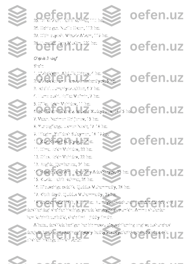 25. Dil so’zlari. Habib Rahmat, 110-bet. 
26. Ochiq gap. Nurllo Oston, 112-bet. 
27. Oltin quyosh. Miraziz A’zam, 119-bet. 
28. Turnalar. Ilyos Muslim, 121-bet. 
O’qish 2-sinf 
She’r: 
1. O’zbekiston. Abdulla Oripov, 4-bet. 
2. O’zbekistonim. Hamza Imonberdiyev, 5-bet. 
3. Istiqlol. Jumaniyoz Jabbor, 6-7-bet. 
4. Humo qushi. Po’lat Mo’min, 7-bet. 
5. O’lka. Erkin Vohidov, 11-bet. 
6. Sohibqiron bobomiz. Muxtor Xudayqulov, 14-15-bet. 
7. Vatan. Narimon Orifjonov, 15-bet. 
8. Yur tog’larga. Usmon Nosir, 17-18-bet. 
9. Tilagim. Yo’ldosh Sulaymon, 18-19-bet. 
10. Kuz. Kavsar Turdiyev, 21-bet. 
11. Olma. Erkin Vohidov, 22-bet. 
12. Gilos. Erkin Vohidov, 22-bet. 
13. Bog’da. Qambar ota, 24-bet. 
14. Dehqonga ta’zim. Tursunboy Adashboyev, 25-bet. 
15. Kuzda. Habib Rahmat, 26-bet. 
16. O’quvchiga esdalik. Quddus Muhammadiy, 28-bet. 
17. Kitob deydi. Quddus Muhammadiy, 29-bet. 
18. Orzular Rauf Tolib, 30-31-bet. Bu ro’yxatni uchunchi hamda to’rtinchi sinf
darslilaridagi she’rlar hisobiga yanada kengaytirish mumkin. Ammo shulardan 
ham ko’rinib turibdiki, she’r ilmi – jiddiy ilmdir. 
Albatta, darslikda berilgan har bir mavzu o’quvchilarning ongi va tushunchasi 
darajada berilib, mavzuning g’oyaviy-badiiy xususiyatlarini qanchalik idroq qila 
olishlari hisobga olinishi zarur.  