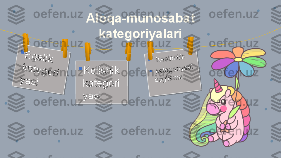 	E	g	a	lik	 	
k	a	te	g	o	r	i	
y	a	s	i 	
	Keli	shik	 	
kate	gor	i	
yasi	 	
	  K	e	s	im	lilik	
	 k	a	te	g	o	riy	a	s	i, 	
b	o	g	'la	m	aAloqa-munosabat 
kategoriyalari    