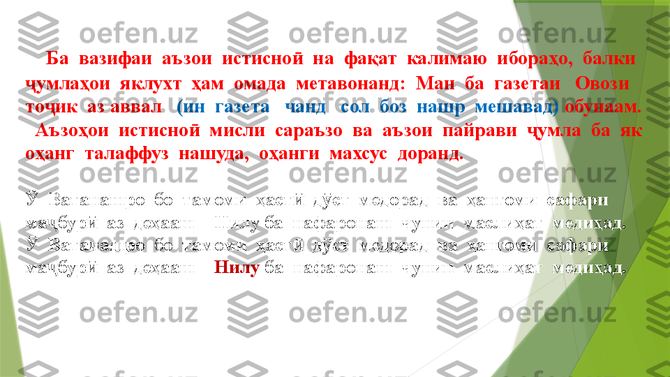     Ба  вазифаи  аъзои  истисно   на  фақат  калимаю  ибораҳо,  балки  ӣ
умлаҳои  яклухт  ҳам  омада  метавонанд:  Ман  ба  газетаи   Овози   	
ҷ
то ик  аз аввал   	
ҷ (ин  газета   чанд   сол  боз  нашр  мешавад)  обунаам.
  Аъзоҳои  истисно   мисли  сараъзо  ва  аъзои  пайрави   умла  ба  як  	
ӣ ҷ
оҳанг  талаффуз  нашуда,  оҳанги  махсус  доранд.  
  Ватанашро  бо  тамоми  ҳаст   д ст  медорад  ва  ҳангоми  сафари  	
Ӯ ӣ ӯ
ма бур   аз  деҳааш – Нилу ба  нафаронаш  чунин  маслиҳат  медиҳад.	
ҷ ӣ
  Ватанашро  бо  тамоми  ҳаст   д ст  медорад  ва  ҳангоми  сафари  	
Ӯ ӣ ӯ
ма бур   аз  деҳааш – 	
ҷ ӣ Нилу  ба  нафаронаш  чунин  маслиҳат  медиҳад.                 