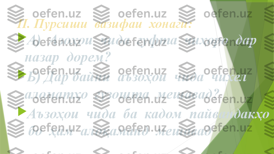 II.  Пурсиши  вазифаи  хонаги :

А)  Азоҳои  чида  гуфта  чиҳоро  дар  
назар  дорем?

Б) Дар байни  аъзоҳои  чида  чихел  
аломатҳо  гузошта  мешавад?

Аъзоҳои  чида  ба  кадом  пайвандакҳо 
 бо  ҳам  алоқаманд  мешавад                 