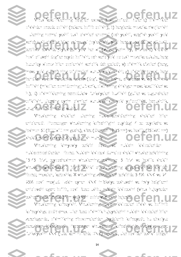 Virus   kasalliklarining   belgilari   asosan   5   xil   bo’ladi.   Bular   a)   o’simliklar
o’sishdan orqada qolishi (pakana bo’lib qolishi); b) barglarda mozaika rivojlanishi
-   ularning   normal   yashil   tusli   qismlari   anormal   (och-yashil,   sarg’ish-yashil   yoki
sariq)   tusli   qismlar   bilan   galma-gal   joylashishi,   yoki   barg   yuzasida   har   xil   tusli,
tartibsiz   ravishda   joylashgan   yoki   har   xil   (xalqa,   yarim   oy,   chiziqcha)   shakllar
hosil qiluvchi dog’lar paydo bo’lishi; och-sariq yoki oq tusli mozaika aukuba, barg
butunlay   xloroz   bilan   qoplanishi   sariqlik   deb   ataladi;   v)   o’simlik   a’zolari   (barg,
meva   yoki   gullari)   ning   to’qimalari   xunuk   shakl   olishi;   g)   o’simlik   poyasi,   barg
bandlari   va   tomirchalarida   nekroz   (dog’,   xalqa,   tasma,   chiziqcha   va   b.)   lar   hosil
bo’lishi (misollar: pomidorning juft strik, olxo’rining shishgan meva kasalliklari va
h.);   d)   o’simliklarning   reproduktiv   funksiyalari   buzilishi   (gullar   va   tugunchalar
to’kilishi,   ularning   ayrim   qismlari   xunuklashishi   yoki   yo’qotilishi,   bepushtlik,
urug’ hosil bo’lmasligi va b.).
Viruslarning   shakllari   ularning   nukleokapsidlarining   shakllari   bilan
aniqlanadi.   Fitopatogen   viruslarning   ko’pchiligini   quyidagi   4   ta:   tayokcha   va
ipsimon 50 (2000x10 nm gacha), sfera (diametri 17-75 nm) va basilla (250x70 nm)
shaklli morfologik guruhlarga bo’lish mumkin.
Viruslarning   kimyoviy   tarkibi   oqsil   va   nuklein   kislotalaridan   -
nukleoproteidlardan - iborat. Nuklein kislotasi dumaloq shaklli viruslar tarkibining
15-45   foizi,   tayoqchasimon   viruslarning   taxminan   5   foizi   va   basilla   shaklli
viruslarning   takminan   1   foizini   tashkil   qiladi,   ularning   qolgan   qismlari   oqsildan
iborat;   masalan,   kartoshka   X-virusining   zarrachalari   tarkibida   5-6%   RNK   va   94-
95%   oqsil   mavjud.   Lekin   aynan   RNK   infeksiya   tashuvchi   va   irsiy   belgilarni
aniqlovchi   agent   bo’lib,   oqsil   faqat   ushbu   nuklein   kislotasini   (virus   hujayradan
tashqarida bo’lganida) himoyalovchi qobiq vazifasini bajaradi.
Viruslarning   ko’payishi.   Viruslarning   nuklein   kislotalari   o’sish   va   bo’linib
ko’payishga qodir emas. Ular faqat o’simlik hujayralarini nuklein kislotalari bilan
zararlaganda,   o’simlikning   ribosomalaridan   foydalanib   ko’payadi;   bu   absolyut
parazitizm   hisoblanadi.   Fitopatogen   viruslarning   ko’pchiligida   infeksion   agent
funksiyasini RNK (juda kam hollarda DNK) bajaradi, ular oqsildan tashkil topgan
14 